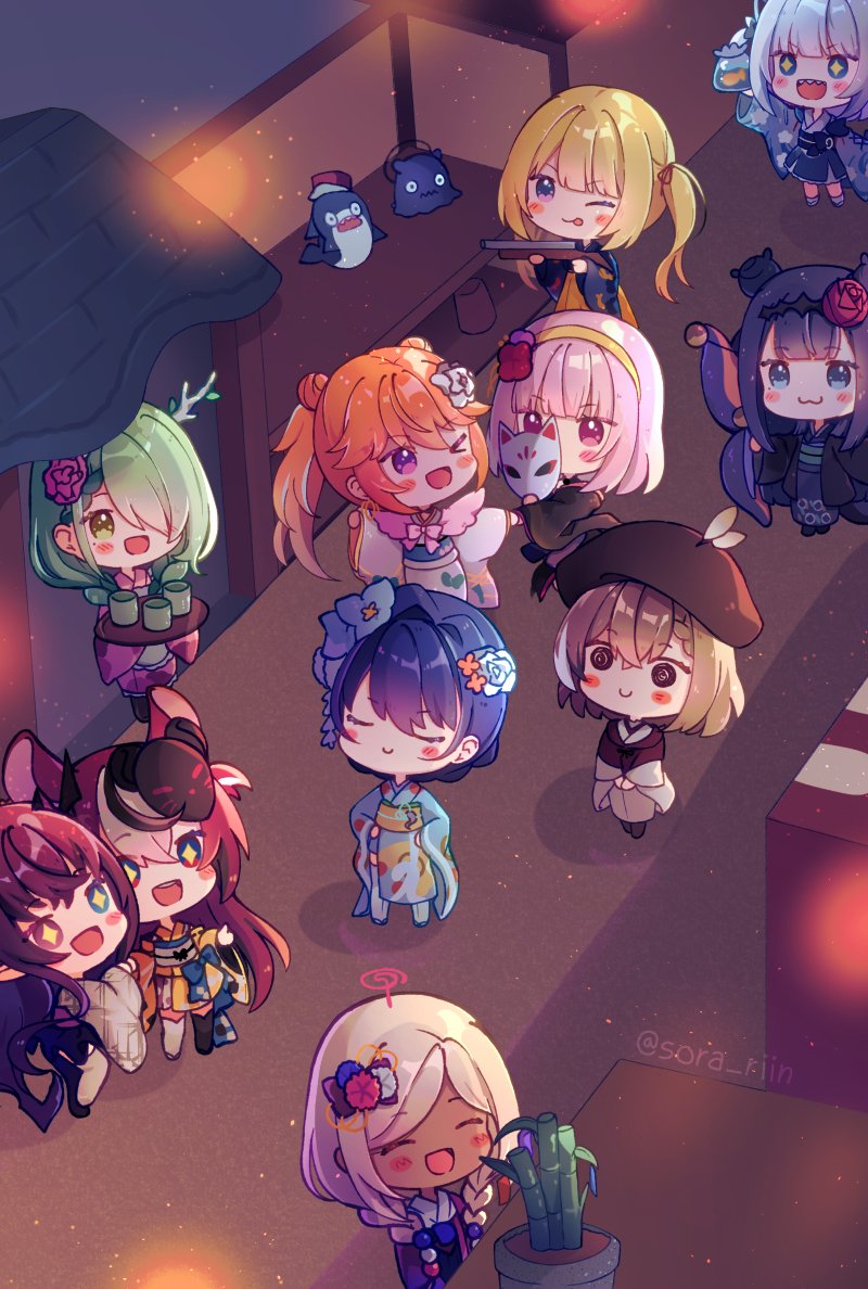 6+girls :3 animal_ears antlers bag bagged_fish bamboo bangs black_dress blonde_hair bloop_(gawr_gura) blue_eyes blue_flower blue_hair blue_kimono blunt_bangs blush_stickers braid braided_bun brown_hair ceres_fauna chibi commentary dark-skinned_female dark_skin double_bun dress festival fish flower flower_pot fox_mask gawr_gura green_hair gun hair_bun hair_flower hair_intakes hair_ornament hakos_baelz headpiece heterochromia holocouncil hololive hololive_english holomyth horns irys_(hololive) japanese_clothes kimono long_hair mask mori_calliope mouse_ears mouse_girl multicolored_hair multiple_girls nanashi_mumei ninomae_ina'nis octopus open_mouth orange_hair ouro_kronii outdoors pink_hair planet_hair_ornament pointy_ears purple_hair redhead rifle shark shark_girl sharp_teeth short_hair side_ponytail sidelocks smile sora_rinn sparkling_eyes straight_hair streaked_hair takanashi_kiara takodachi_(ninomae_ina'nis) tea teeth tentacle_hair tentacles tsukumo_sana twitter_username very_long_hair violet_eyes virtual_youtuber watson_amelia weapon white_hair wide_sleeves yellow_eyes