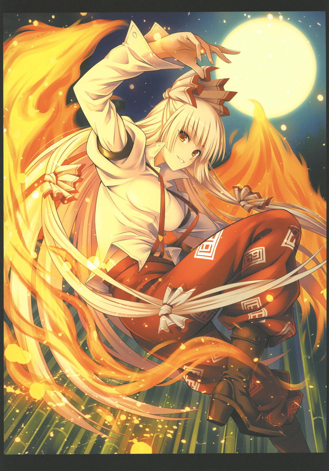 1girl bamboo bamboo_forest boots bow breasts buttons collared_shirt ex-keine fiery_wings fire forest fujiwara_no_mokou full_moon hair_bow highres hijikawa_arashi kamishirasawa_keine large_breasts long_hair long_sleeves looking_at_viewer moon nature night ofuda ofuda_on_clothes pants red_eyes shirt shoes smile solo suspenders touhou very_long_hair white_hair white_shirt wings yellow_eyes