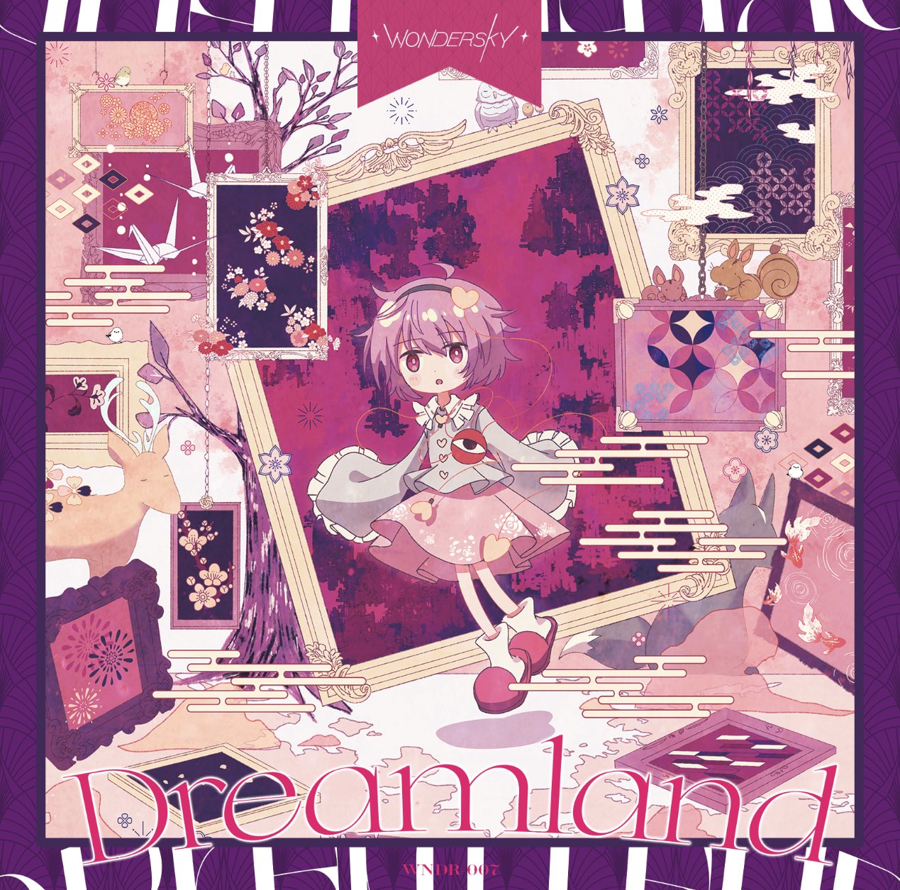 1girl :o ahoge album_cover album_name bird black_hairband blouse blue_shirt blush branch bright_pupils buttons circle_name commentary cover deer egasumi floating floral_print frilled_shirt_collar frilled_sleeves frills full_body hair_between_eyes hair_ornament hairband heart heart_button heart_hair_ornament highres komeiji_satori kozaki_akira leaf long_sleeves looking_at_viewer open_mouth origami owl painting_(object) paper_crane picture_frame pink_skirt purple_hair red_footwear ribbon_trim shirt short_hair skirt sleeves_past_fingers sleeves_past_wrists slippers socks solo squirrel third_eye touhou tree violet_eyes white_pupils white_socks wide_sleeves wolf