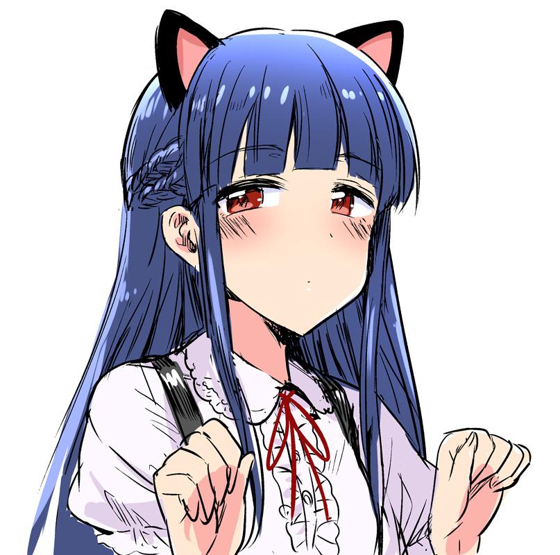 1girl animal_ears blue_hair blush braid cat_ears closed_mouth long_hair looking_at_viewer paw_pose red_eyes red_ribbon ribbon side_braid simple_background solo tsurui white_background