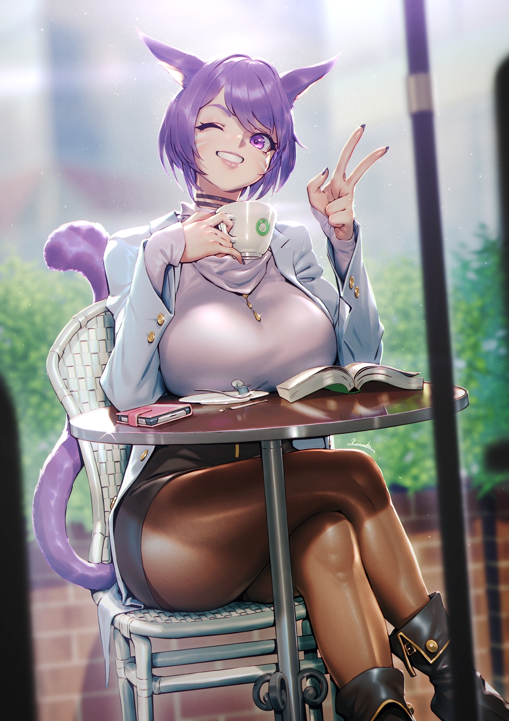 1girl animal_ears avatar_(ff14) bangs black_pantyhose blurry blurry_background book breasts cafe cat_ears cat_tail commission crossed_legs cup facial_mark final_fantasy final_fantasy_xiv highres holding holding_cup kio_naoki large_breasts miqo'te one_eye_closed open_book pantyhose pencil_skirt purple_hair short_hair sitting skirt smile solo tail v violet_eyes whisker_markings