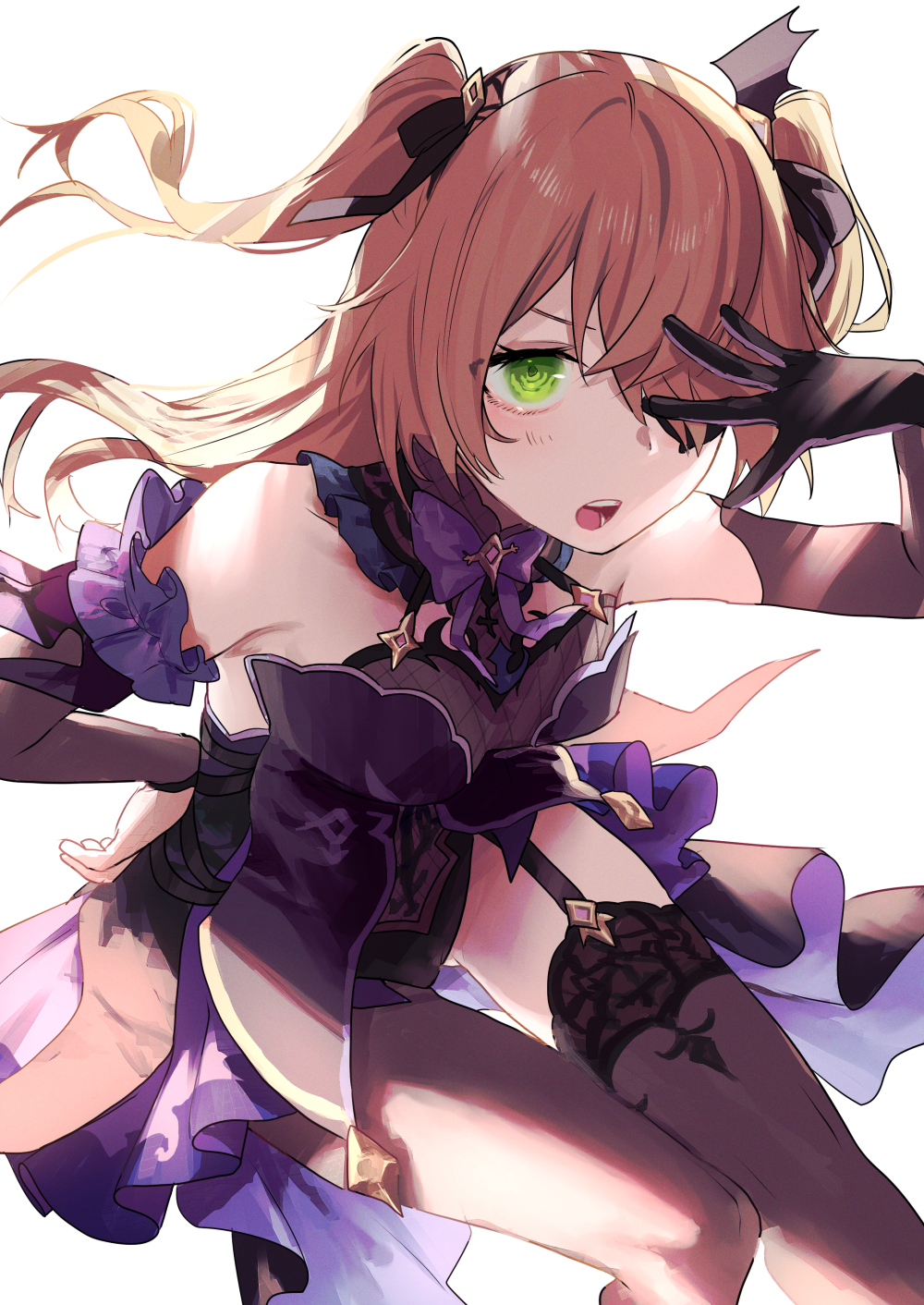 1girl bangs bare_shoulders black_gloves black_thighhighs blonde_hair bow breasts elbow_gloves eyebrows_hidden_by_hair fischl_(genshin_impact) genshin_impact gloves green_eyes hair_over_one_eye hairband highres long_hair looking_at_viewer moegi0926 open_mouth simple_background skirt solo thigh-highs twintails white_background