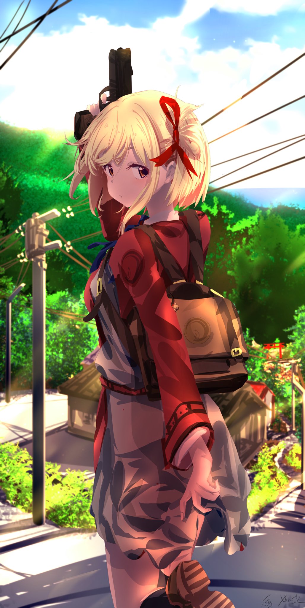 1girl adjusting_dress arm_up backpack bag belt black_socks blonde_hair blue_ribbon blue_sky brown_footwear building clouds cloudy_sky collared_shirt day dress grass grey_dress gun hair_ribbon handgun highres holding holding_gun holding_weapon house long_sleeves looking_back lycoris_recoil lycoris_uniform m1911 mountain neck_ribbon nishikigi_chisato ocean outdoors pout power_lines red_belt red_dress red_ribbon ribbon road sengoku_chidori shirt sky socks solo sunlight torii tree two-tone_dress utility_pole water weapon white_shirt