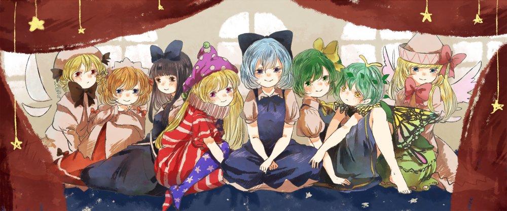 6+girls american_flag_dress american_flag_legwear antennae aqua_hair ascot black_hair blonde_hair blue_bow blue_dress blue_eyes blue_hair blue_skirt blue_vest bow brown_eyes butterfly_wings cirno clownpiece daiyousei dress eternity_larva fairy fairy_wings green_dress green_eyes green_hair hair_bow hat headdress jester_cap leaf leaf_on_head lily_white long_hair luna_child mokoiscat multicolored_clothes multicolored_dress multiple_girls orange_hair panties pink_eyes pink_headwear polka_dot polka_dot_headwear puffy_short_sleeves puffy_sleeves red_eyes short_hair short_sleeves side_ponytail skirt star_(symbol) star_print star_sapphire striped striped_dress striped_panties sunny_milk touhou underwear urawa_red_dress vest white_dress white_headwear wings yellow_ascot yellow_eyes