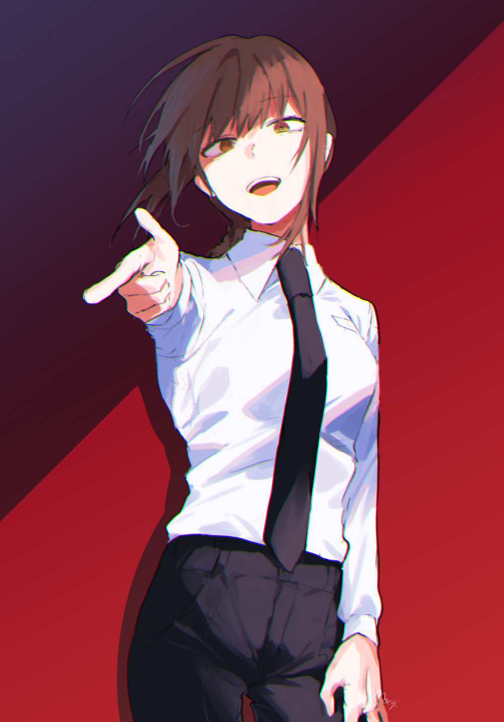 1girl arm_up bangs braid braided_ponytail breasts chainsaw_man eyebrows_hidden_by_hair finger_gun formal highres long_hair looking_at_viewer moegi0926 necktie open_mouth pants ponytail red_background red_eyes redhead simple_background smile solo suit