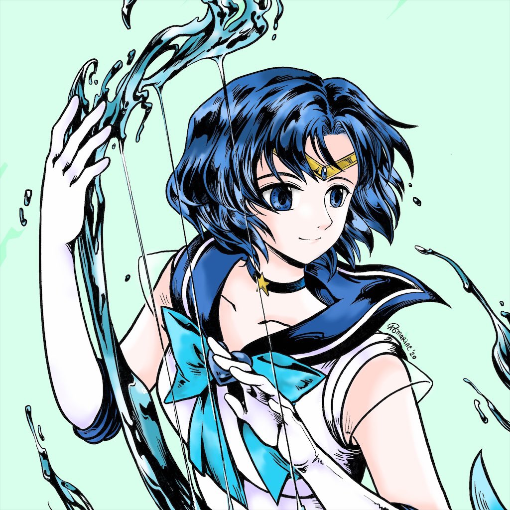 1girl aomarinesword aqua_background artist_name bishoujo_senshi_sailor_moon blue_bow blue_choker blue_eyes blue_hair blue_sailor_collar blue_theme bow choker collarbone elbow_gloves gloves harp instrument light_smile looking_afar looking_away magical_girl mizuno_ami sailor_collar sailor_mercury sailor_senshi_uniform short_hair signature simple_background solo star_(symbol) tiara upper_body water white_gloves