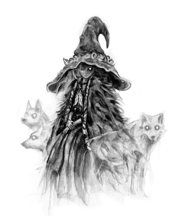 bad_source bserway cape cloak dress elden_ring extra_arms extra_faces fur_cape fur_cloak hat hat_ornament large_hat monochrome ranni_the_witch robe witch witch_hat wolf