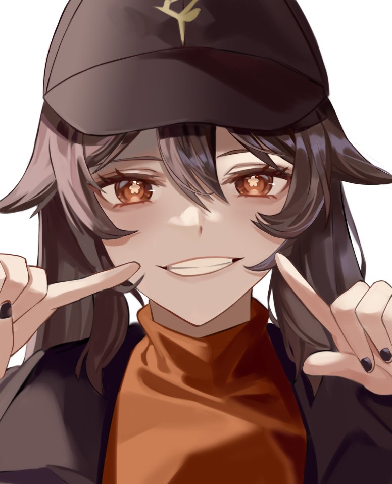 1girl alternate_costume bangs black_headwear black_jacket black_nails brown_flower brown_hair closed_mouth collared_jacket commentary fingernails flower flower-shaped_pupils genshin_impact hair_between_eyes hands_up hat hat_ornament hu_tao_(genshin_impact) jacket long_hair long_sleeves looking_at_viewer open_clothes open_jacket orange_eyes orange_sweater pointing reki_(user_rcrd4534) simple_background smile solo straight-on sweater symbol-only_commentary symbol-shaped_pupils teeth twintails upper_body white_background