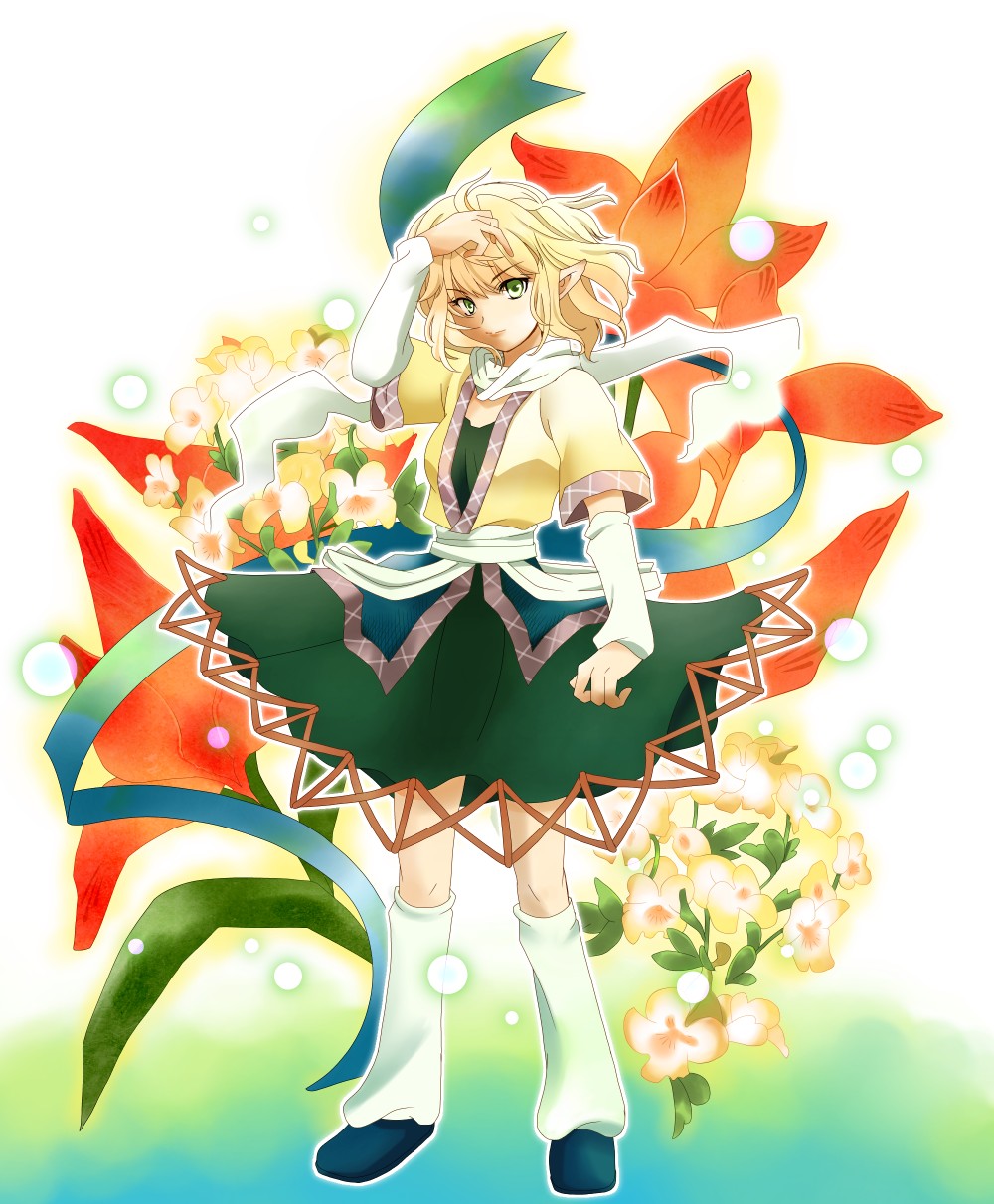 1girl bangs black_dress black_footwear blonde_hair breasts closed_mouth commentary_request danmaku dress expressionless flower full_body green_eyes highres hypoxis looking_at_viewer mizuhashi_parsee orange_flower pointy_ears red_flower sash scarf shirt shoes short_hair small_breasts socks solo standing touhou white_sash white_scarf yellow_shirt