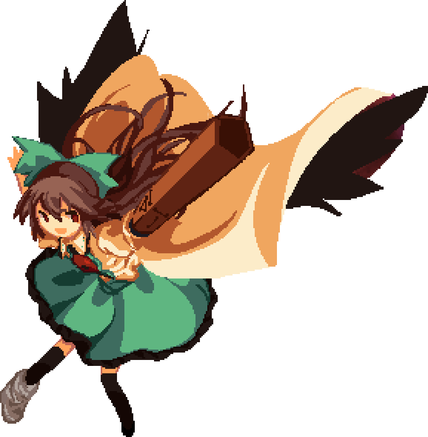 1girl :d arm_cannon asymmetrical_footwear black_socks black_wings bow brown_hair cape collared_shirt green_bow hair_bow long_hair looking_at_viewer mismatched_footwear open_mouth pixel_art red_eyes reiuji_utsuho rrrssr shirt simple_background smile socks solo third_eye touhou weapon white_background white_cape wings