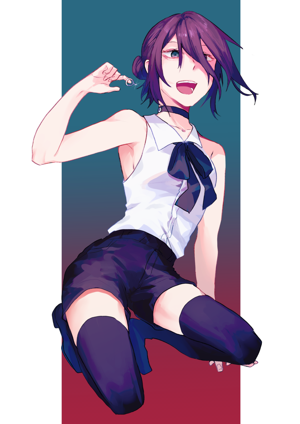 1girl bangs black_thighhighs bow bowtie chainsaw_man eyebrows_hidden_by_hair green_eyes hair_between_eyes hair_bun highres holding holding_jewelry holding_ring jewelry kneeling looking_at_viewer moegi0926 open_mouth purple_hair reze_(chainsaw_man) ring shirt short_hair shorts sleeveless sleeveless_shirt smile solo thigh-highs violet_eyes white_shirt