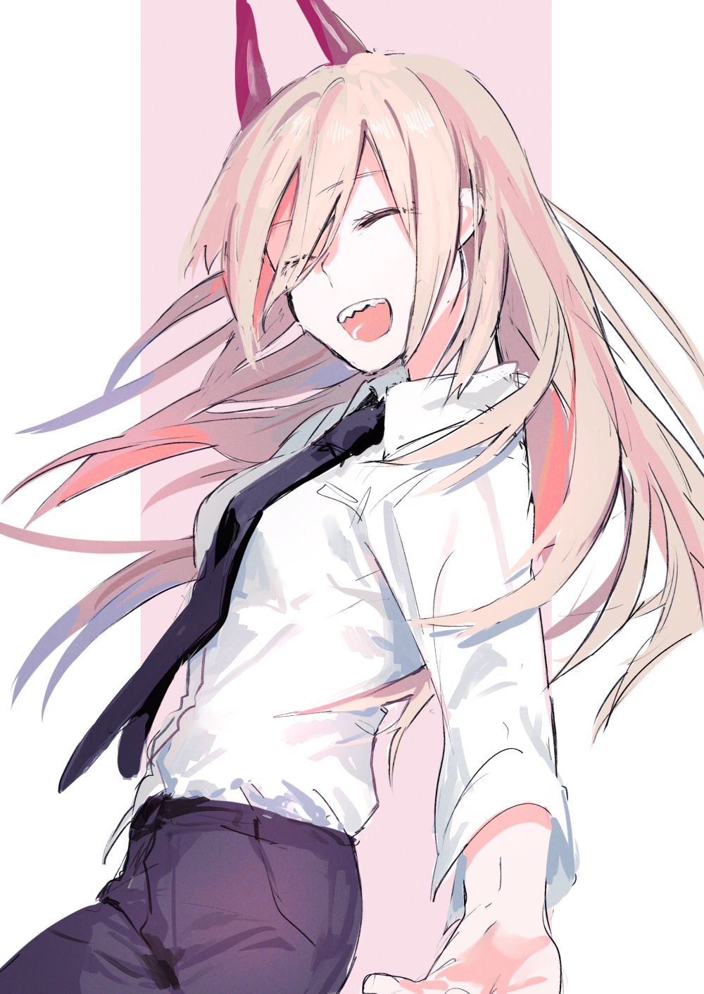 1girl bangs breasts chainsaw_man closed_eyes demon_girl demon_horns eyebrows_hidden_by_hair hair_between_eyes highres horns long_hair moegi0926 necktie open_mouth pink_hair power_(chainsaw_man) reaching_out shirt smile solo white_shirt