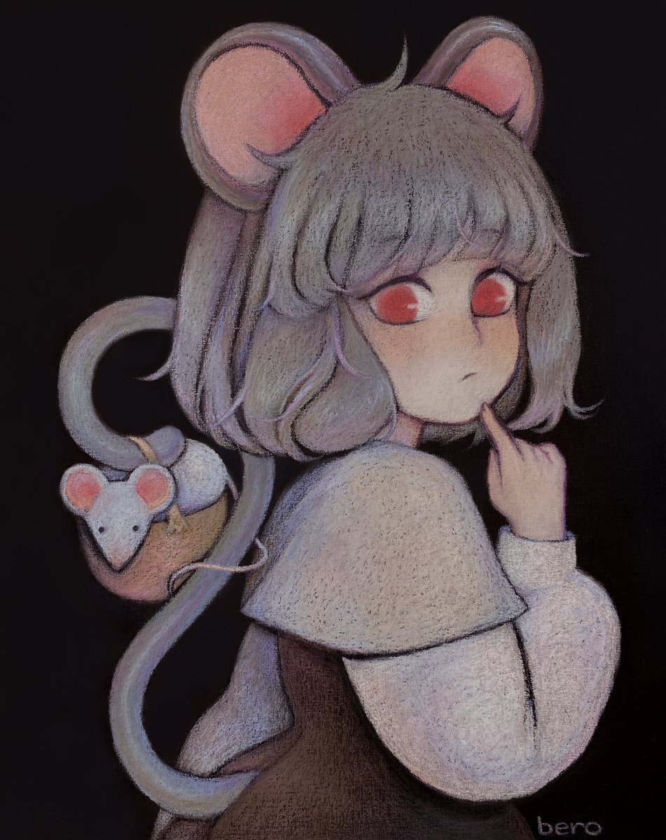 1girl animal_ears artist_name basket berukko black_background closed_mouth dress grey_hair highres mouse mouse_ears mouse_girl nazrin red_eyes short_hair solo suspension tail touhou