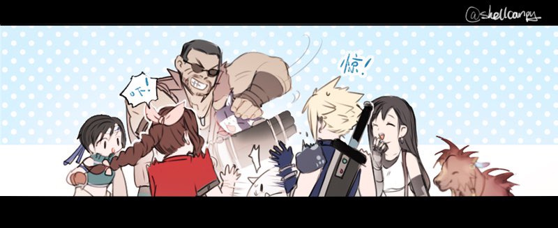 3girls aerith_gainsborough animal armor barret_wallace black_hair blonde_hair blue_background braid braided_ponytail brown_hair buster_sword cait_sith_(ff7) cat closed_eyes cloud_strife crop_top final_fantasy final_fantasy_vii final_fantasy_vii_remake from_behind hair_ribbon hand_to_own_mouth jacket laughing letterboxed long_hair moogle multiple_boys multiple_girls pink_ribbon red_jacket red_xiii ribbon scar scar_on_cheek scar_on_face shell_(shell518) shirt short_hair short_sleeves shoulder_armor spiky_hair sunglasses tifa_lockhart twitter_username upper_body weapon weapon_on_back white_shirt yuffie_kisaragi