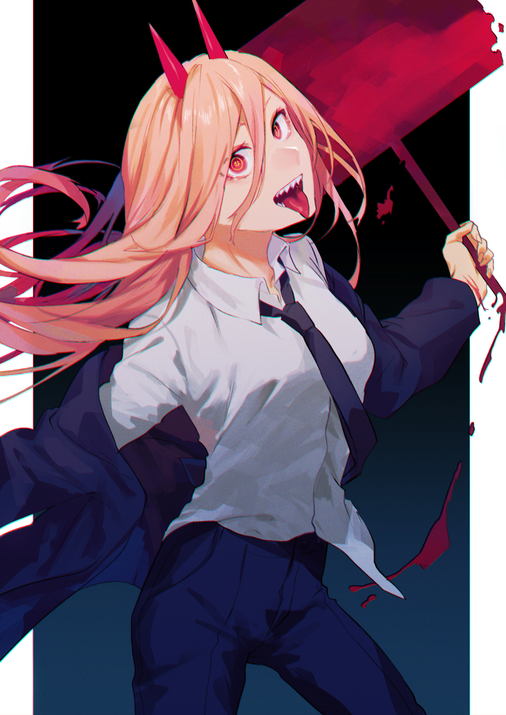 1girl bangs blood blood_on_weapon breasts chainsaw_man demon_girl demon_horns eyebrows_hidden_by_hair formal hair_between_eyes hammer highres holding holding_hammer holding_weapon horns long_hair looking_at_viewer moegi0926 necktie open_mouth pink_hair power_(chainsaw_man) red_eyes shirt solo suit teeth weapon white_shirt