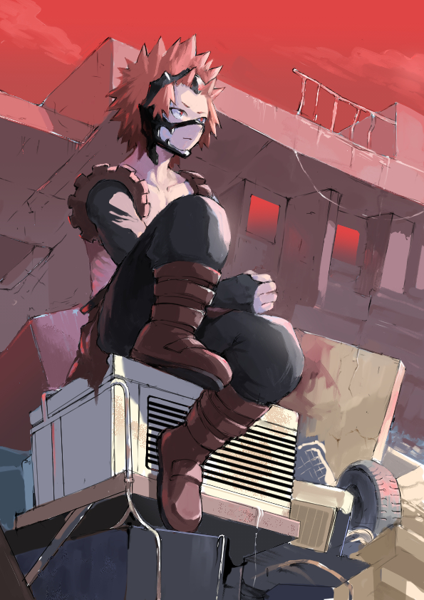 1boy black_pants boku_no_hero_academia boots brown_footwear building closed_mouth clouds collarbone commentary detached_sleeves full_body kirishima_eijirou knee_up male_focus outdoors pants red_eyes red_sky redhead short_hair sitting sky solo spiky_hair tire topless_male torn_clothes torn_sleeves user_apmg4232
