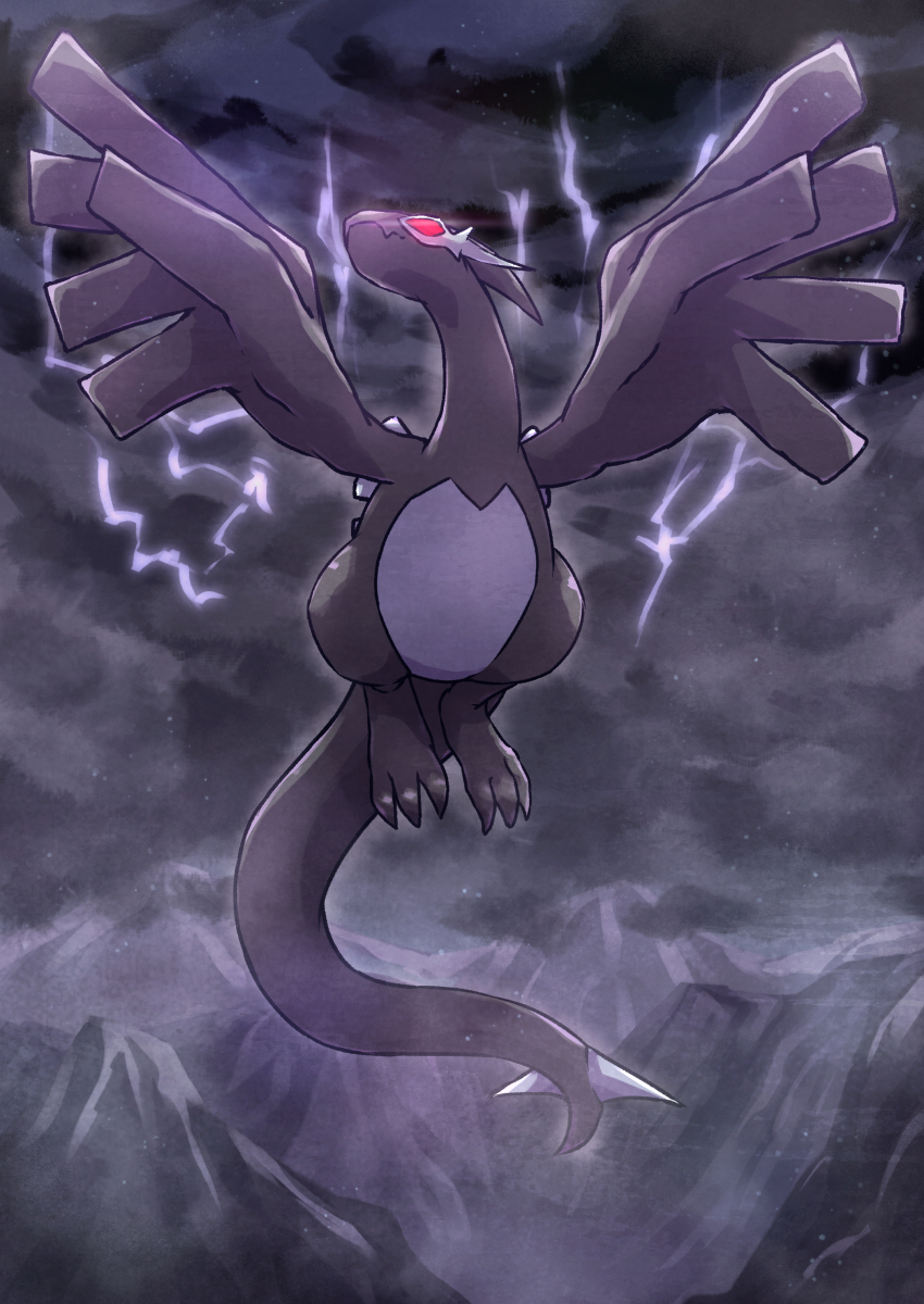 closed_mouth clouds cloudy_sky commentary_request fang flying from_below highres kotobukkii_(yt_lvlv) lightning lugia mountainous_horizon night no_humans outdoors pokemon pokemon_(creature) red_eyes shadow_lugia skin_fang sky solo