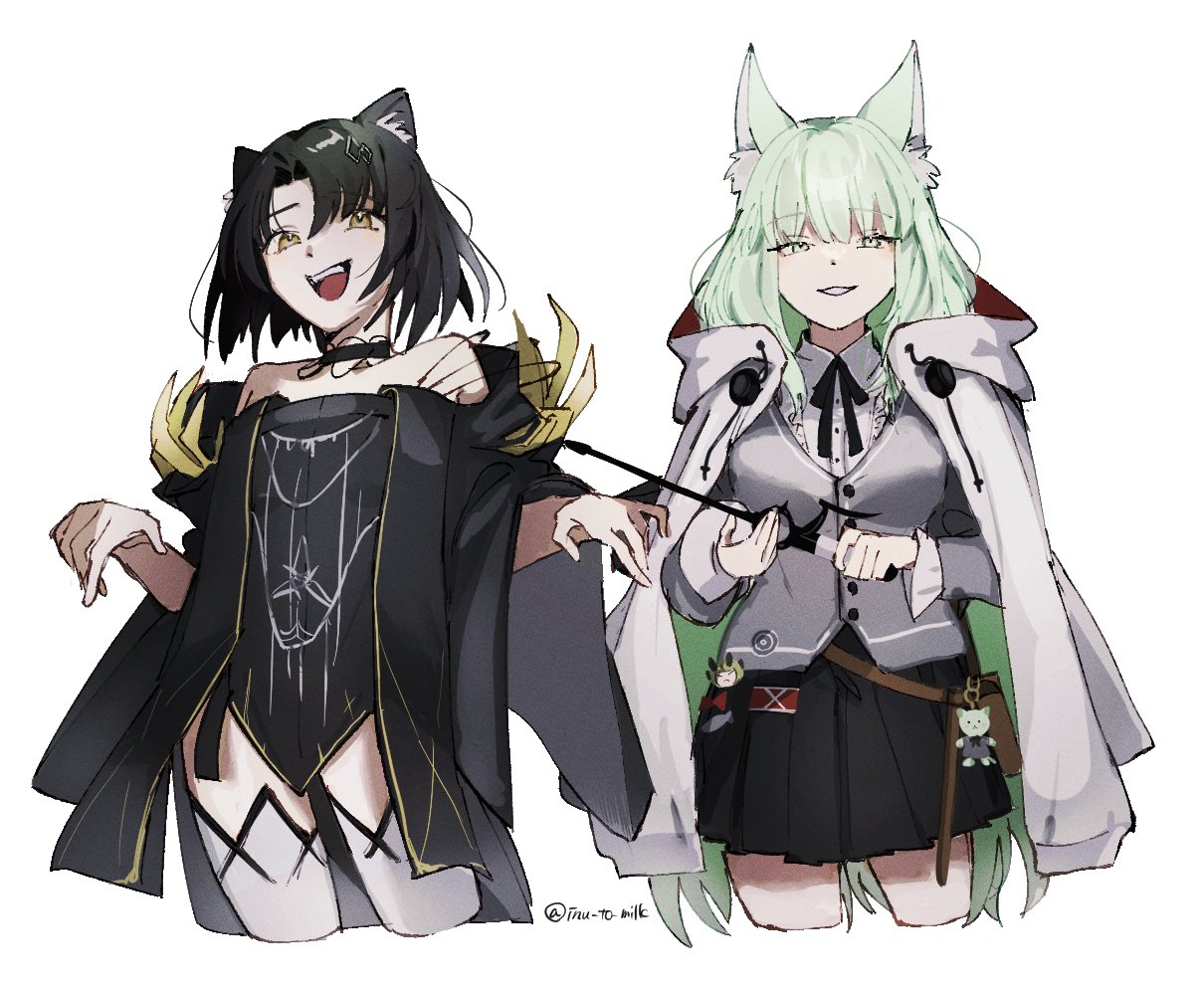 2girls :d animal_ear_fluff animal_ears arknights bare_shoulders black_dress black_hair black_ribbon black_skirt breasts cape cat_ears cat_girl character_doll charm_(object) collared_shirt cowboy_shot cropped_legs dress grey_vest hands_up harmonie_(arknights) hood hood_down hooded_cape inu_to_milk looking_at_viewer mandragora_(arknights) medium_hair multiple_girls neck_ribbon open_mouth parted_lips pleated_skirt reed_(arknights) ribbon shirt short_hair simple_background skirt small_breasts smile strapless strapless_dress teeth upper_teeth vest white_background white_cape white_shirt yellow_eyes