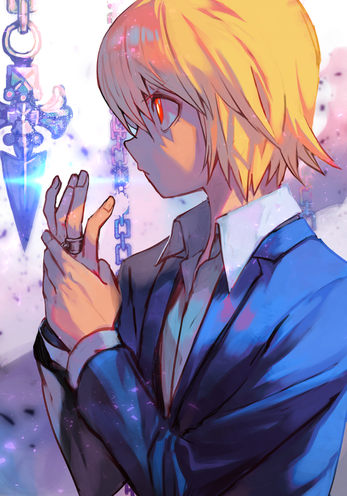 1boy bangs blonde_hair blue_jacket chain closed_mouth collared_shirt hair_between_eyes hankuri hunter_x_hunter jacket jewelry kurapika long_sleeves male_focus profile red_eyes ring shirt solo upper_body white_shirt