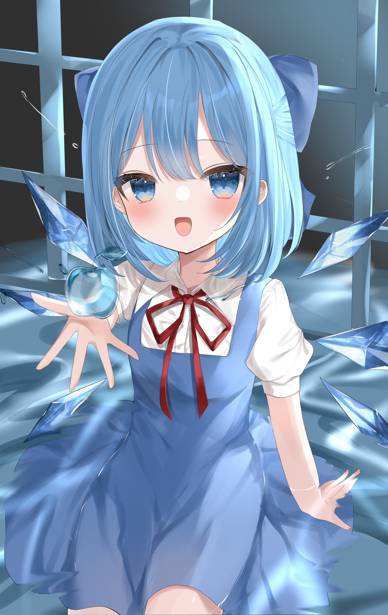 1girl apple blue_bow blue_dress blue_eyes blue_hair bow cirno collared_shirt dress food fruit hair_bow highres ice ice_wings looking_at_viewer neck_ribbon okome2028 open_mouth puffy_short_sleeves puffy_sleeves red_ribbon ribbon shirt short_sleeves solo touhou white_shirt wings