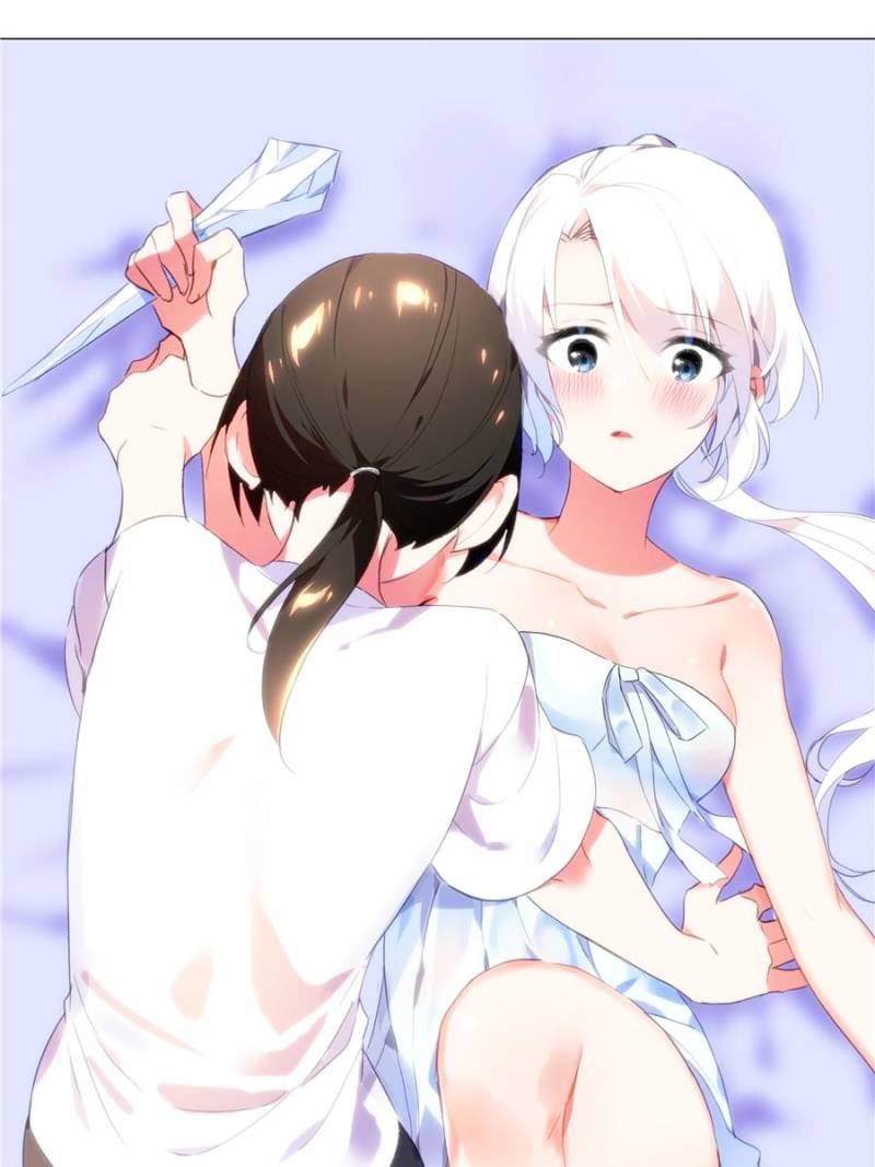 1boy 1girl black_hair blue_eyes blush boy_on_top breasts camisole holding_another's_wrist ice_shard long_hair mk-li_zhiheng my_girl_is_a_dragon nightshell non-web_source ponytail reese_(my_girl_is_a_dragon) small_breasts white_camisole white_hair