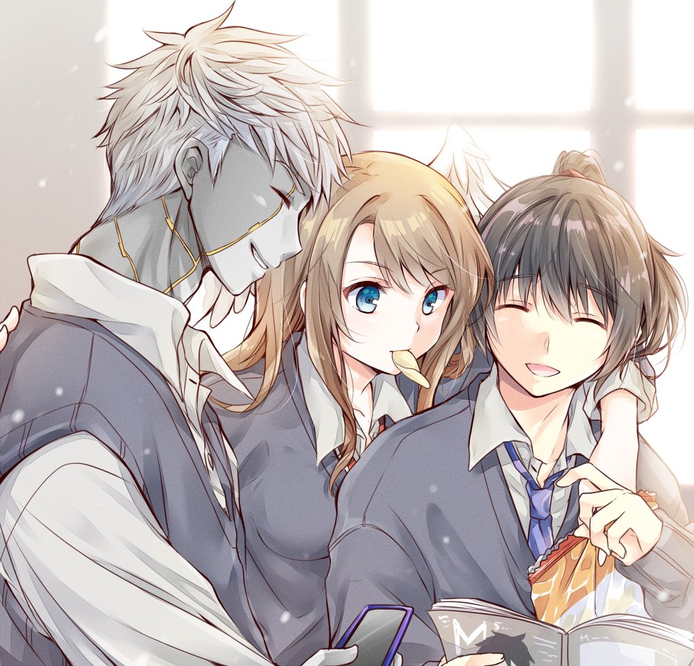 1girl 2boys :d ^_^ bag_of_chips bangs black_hair blue_eyes blue_necktie breasts brown_hair cellphone chips_(food) closed_eyes collared_shirt commentary_request contemporary day dress_shirt eunie_(xenoblade) feathered_wings food food_in_mouth grey_hair grey_skirt grey_sweater hair_between_eyes head_wings holding holding_phone indoors lanz_(xenoblade) long_hair medium_breasts mouth_hold multiple_boys necktie noah_(xenoblade) phone ponytail potato_chips school_uniform shirt skirt smile sunlight sweater sweater_vest ui_frara upper_body white_shirt white_wings window wings xenoblade_chronicles_(series) xenoblade_chronicles_3