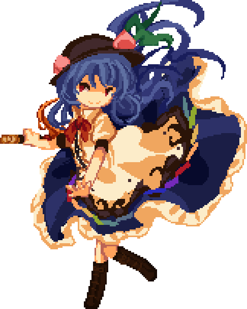black_headwear blue_hair bow bowtie closed_mouth food fruit full_body hinanawi_tenshi holding holding_sword holding_weapon leaf long_hair looking_at_viewer peach pixel_art red_bow red_bowtie red_eyes rrrssr shirt short_sleeves simple_background smile sword sword_of_hisou touhou weapon white_background white_shirt