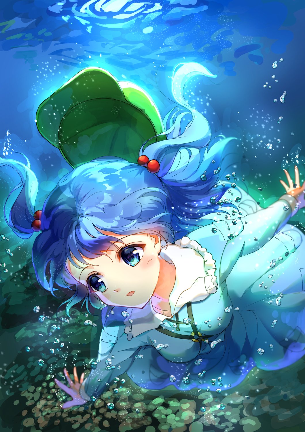 1girl air_bubble blue_dress blue_eyes blue_hair bubble dress hair_ornament hat hat_removed headwear_removed highres kawashiro_nitori mikan_(user_zsyg8485) open_mouth short_hair solo swimming touhou underwater