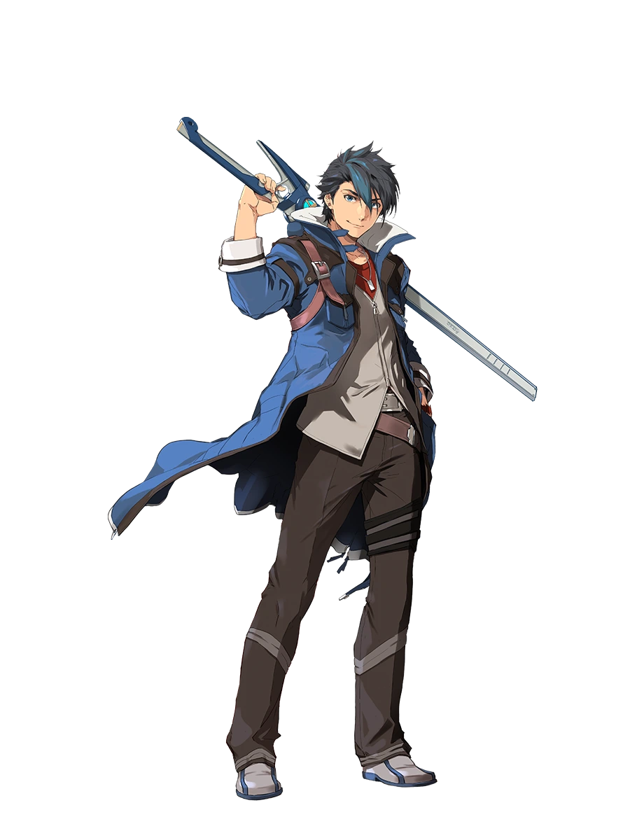 1boy bangs belt black_hair black_pants blue_coat blue_eyes blue_hair brown_belt closed_mouth coat collarbone dog_tags earrings eiyuu_densetsu enami_katsumi falcom full_body grey_vest hair_between_eyes hand_in_pocket highres holding holding_sword holding_weapon jewelry kuro_no_kiseki long_sleeves looking_at_viewer male_focus metal_belt multicolored_hair multiple_belts official_art open_clothes open_coat pants partially_unzipped red_shirt shirt shoes short_hair silver_footwear simple_background smile smug solo spiky_hair standing strap swept_bangs sword thigh_strap two-tone_hair van_arkride vest weapon white_background wristband