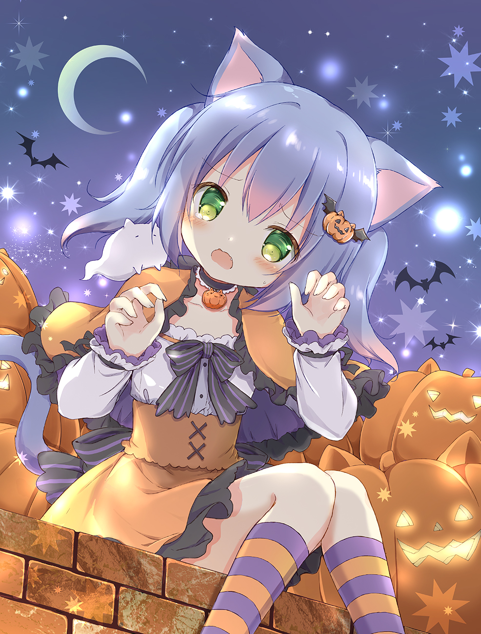 1girl animal_ears bangs black_bow blue_hair blush bow capelet cat_ears cat_girl cat_tail claw_pose collarbone commentary_request crescent_moon fang feet_out_of_frame frilled_capelet frills ghost green_eyes hair_between_eyes hair_ornament halloween hands_up highres jack-o'-lantern jack-o'-lantern_hair_ornament kemonomimi_mode kneehighs knees_together_feet_apart long_sleeves looking_at_viewer moon nanase_miori open_mouth orange_capelet orange_skirt original shirt sitting skirt sleeves_past_wrists socks solo striped striped_bow striped_socks tail twintails wavy_mouth white_shirt