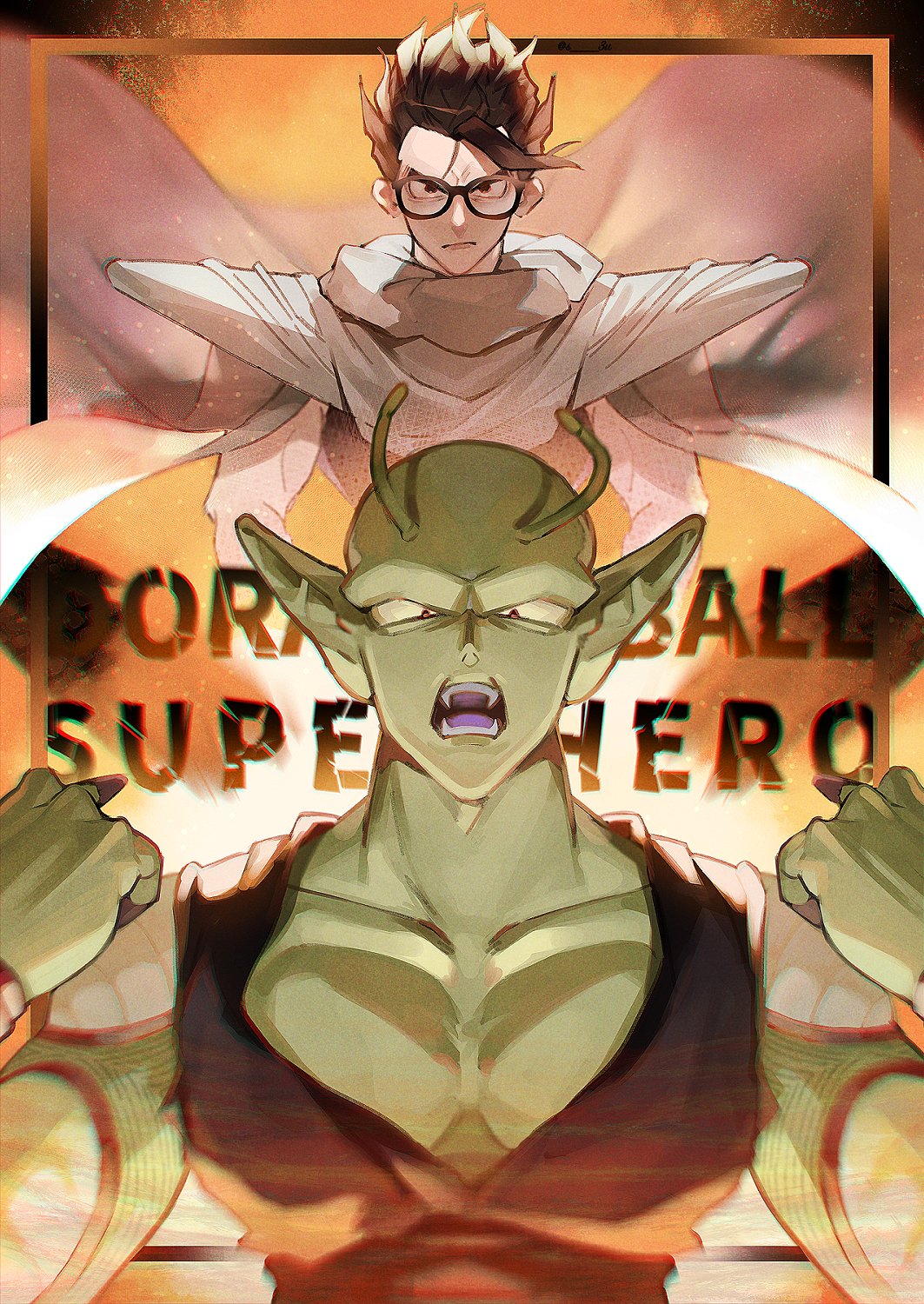 2boys antennae black_hair colored_skin dragon_ball dragon_ball_super dragon_ball_super_super_hero fangs glasses green_skin highres male_focus multiple_boys open_mouth piccolo pointy_ears s_3u serious shoulder_pads son_gohan