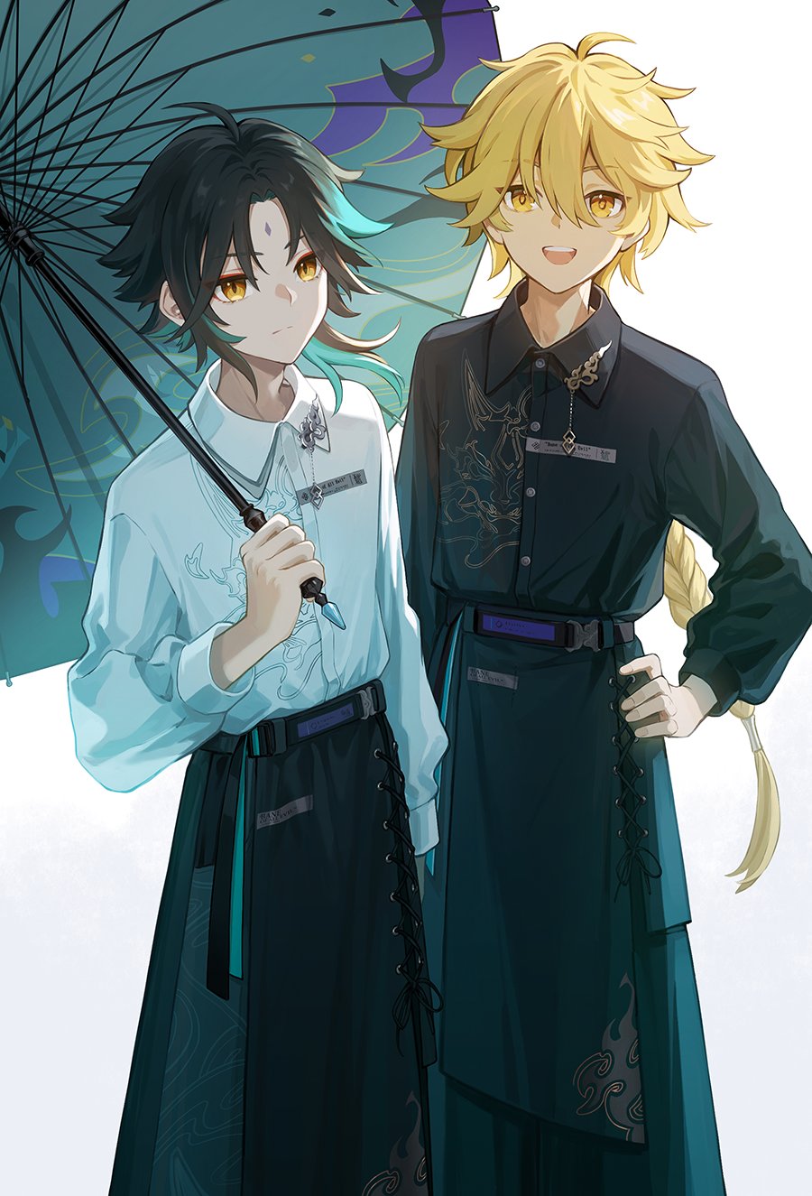 2boys aether_(genshin_impact) ahoge bangs belt black_belt black_hair black_shirt black_skirt blonde_hair blue_hair blue_pants blue_shirt braid buttons closed_mouth collared_shirt dragon_print fingernails flame_print genshin_impact hair_between_eyes hair_ornament hand_on_hip hand_up highres holding holding_umbrella long_sleeves looking_at_viewer multicolored_hair multiple_boys oil-paper_umbrella open_mouth pants ponytail puffy_long_sleeves puffy_sleeves shirt short_ponytail sidelocks simple_background skirt smile standing teeth tongue two-tone_hair umbrella white_background wing_collar xiao_(genshin_impact) xiaoshenzhou yellow_eyes
