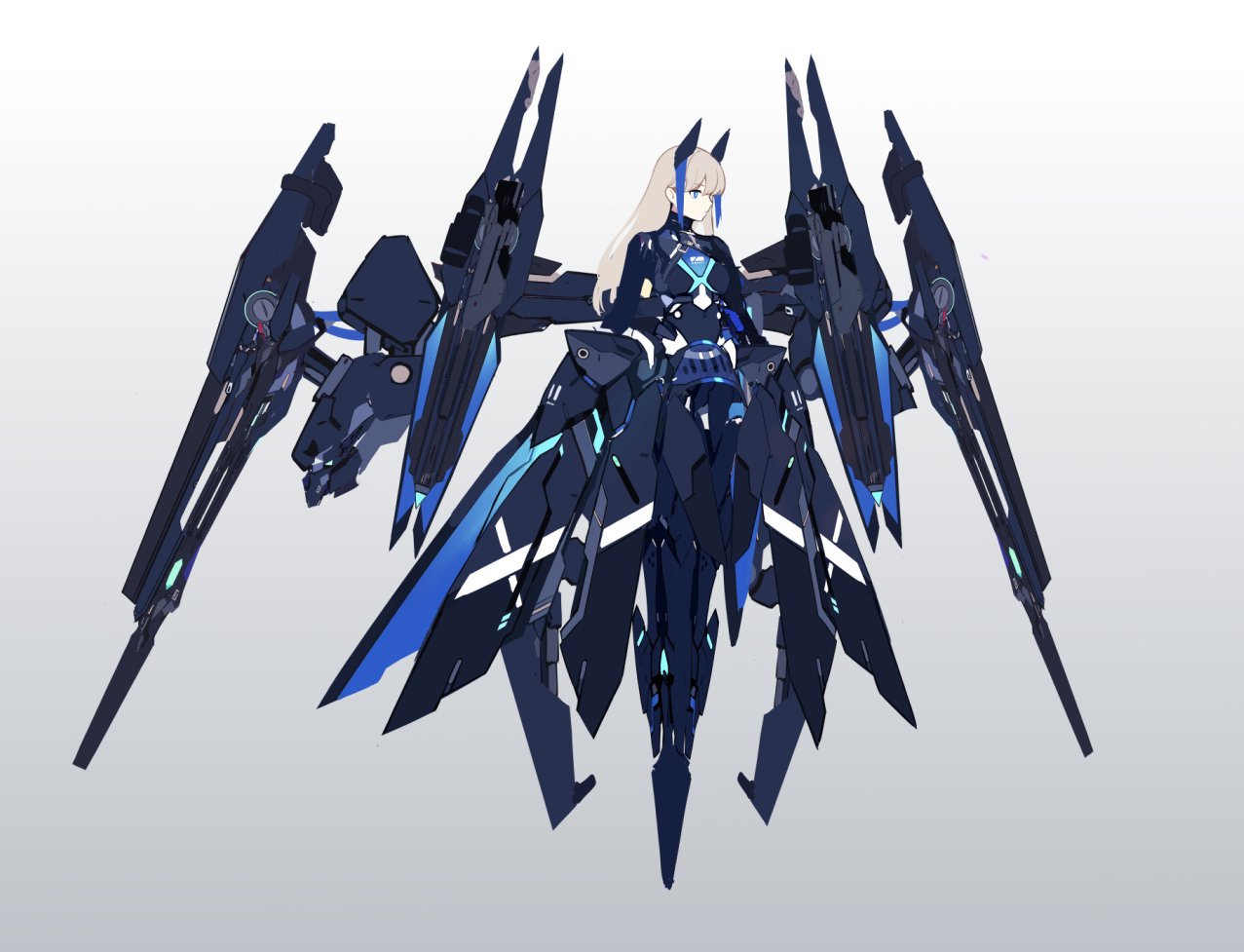1girl armor arms_at_sides blonde_hair blue_eyes blue_hair commentary_request full_body grey_background gun jhcrow3 long_hair mecha_musume multicolored_hair original rifle solo streaked_hair weapon