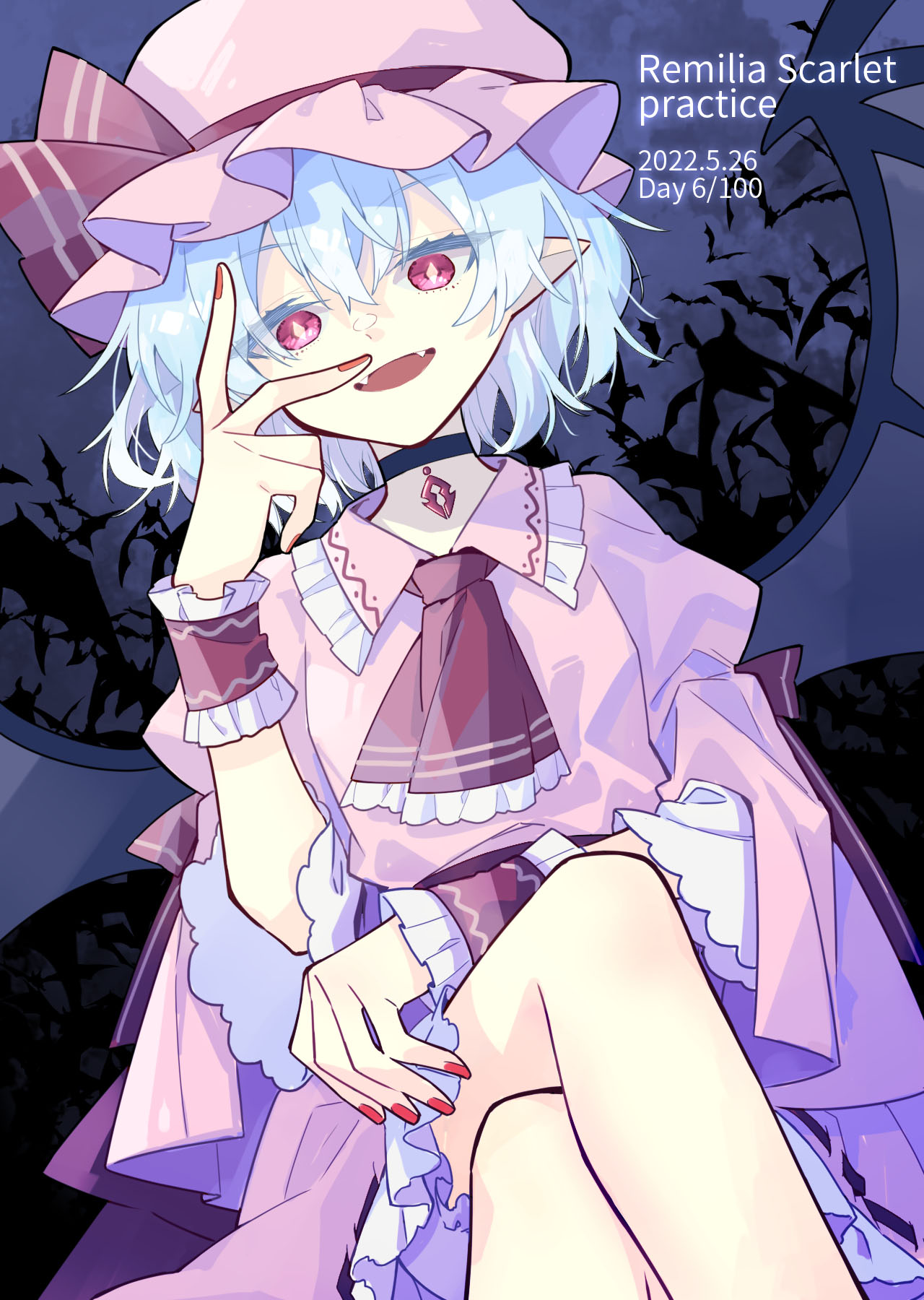 1girl :o ascot bat_(animal) bat_wings blue_hair brooch chinese_commentary choker clouds cloudy_sky commentary_request crossed_legs dress english_text fang hat highres jewelry ko_kita looking_at_viewer mob_cap night night_sky open_mouth outdoors pink_dress pink_headwear pointy_ears red_ascot red_eyes remilia_scarlet short_hair sitting sky solo too_many too_many_bats touhou v vampire wings