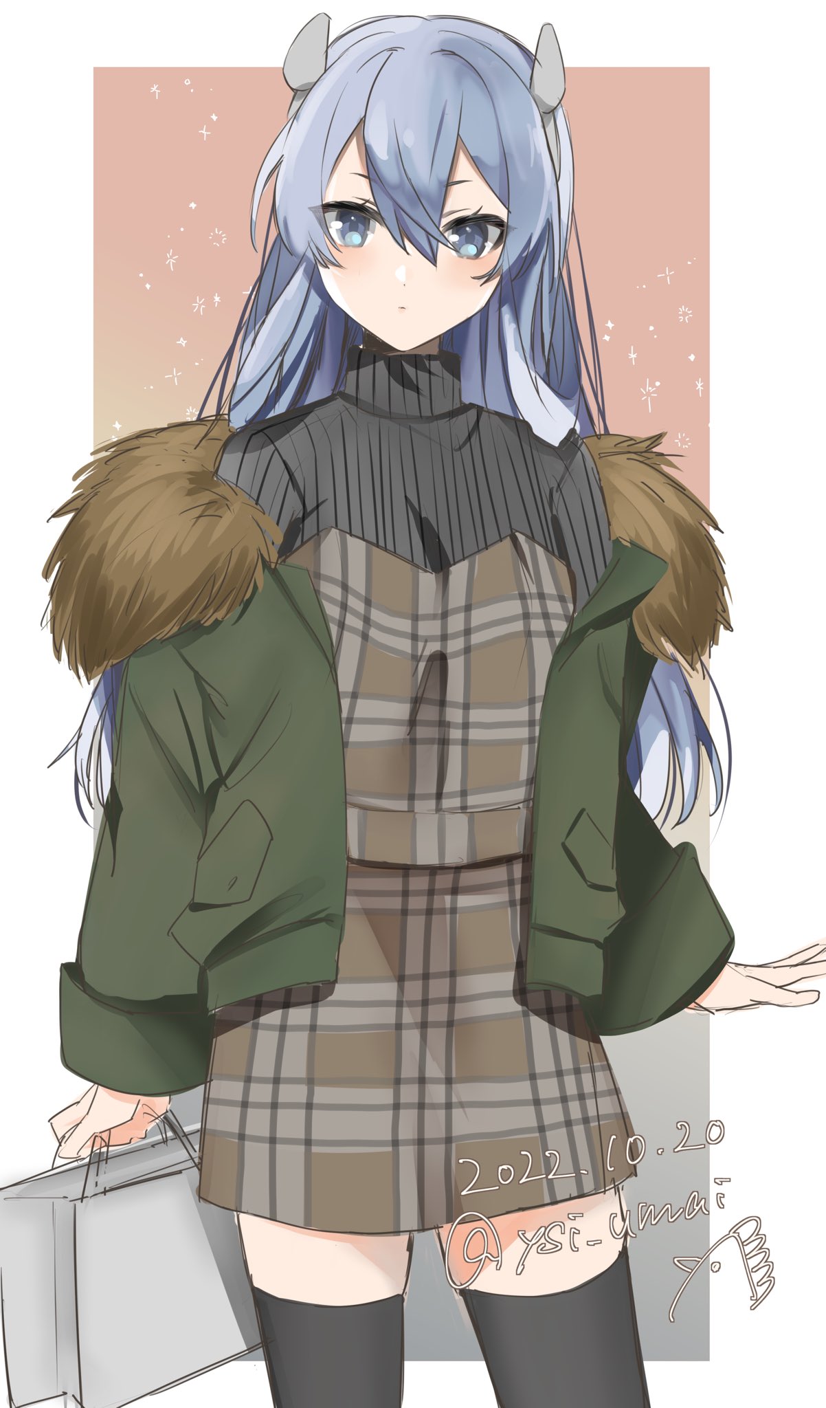 1girl black_thighhighs blue_eyes blush closed_mouth cowboy_shot dated fur-trimmed_jacket fur_trim green_jacket grey_hair hair_between_eyes headgear highres i-203_(kancolle) jacket kantai_collection long_hair long_sleeves looking_at_viewer one-hour_drawing_challenge open_clothes open_jacket plaid signature solo thigh-highs toriniku_senshi_chikinman twitter_username