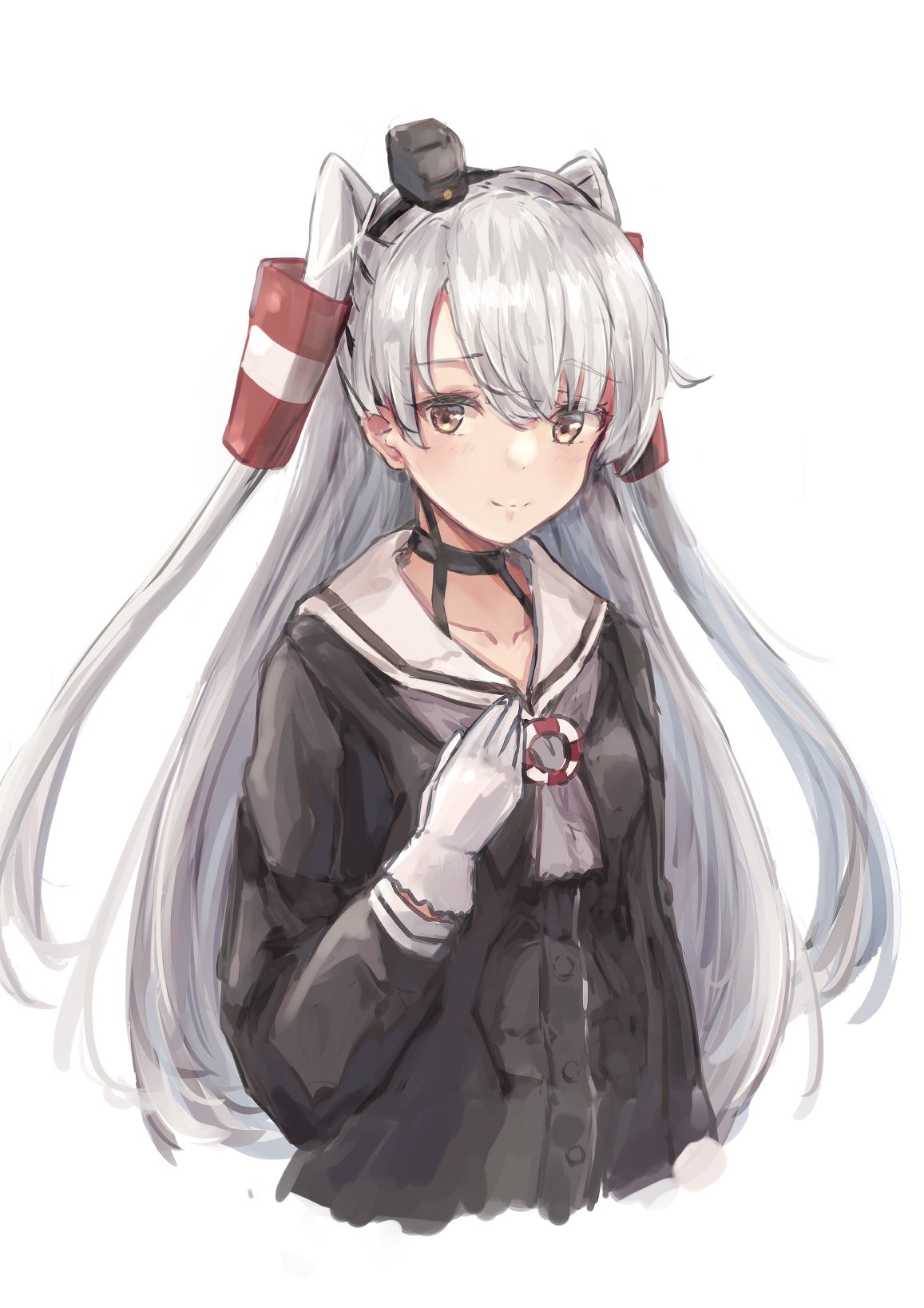 1girl amatsukaze_(kancolle) aruka black_dress blush brown_eyes closed_mouth dress gloves grey_hair hair_tubes highres kantai_collection long_hair long_sleeves sailor_collar sailor_dress simple_background solo two_side_up white_background white_gloves white_sailor_collar windsock