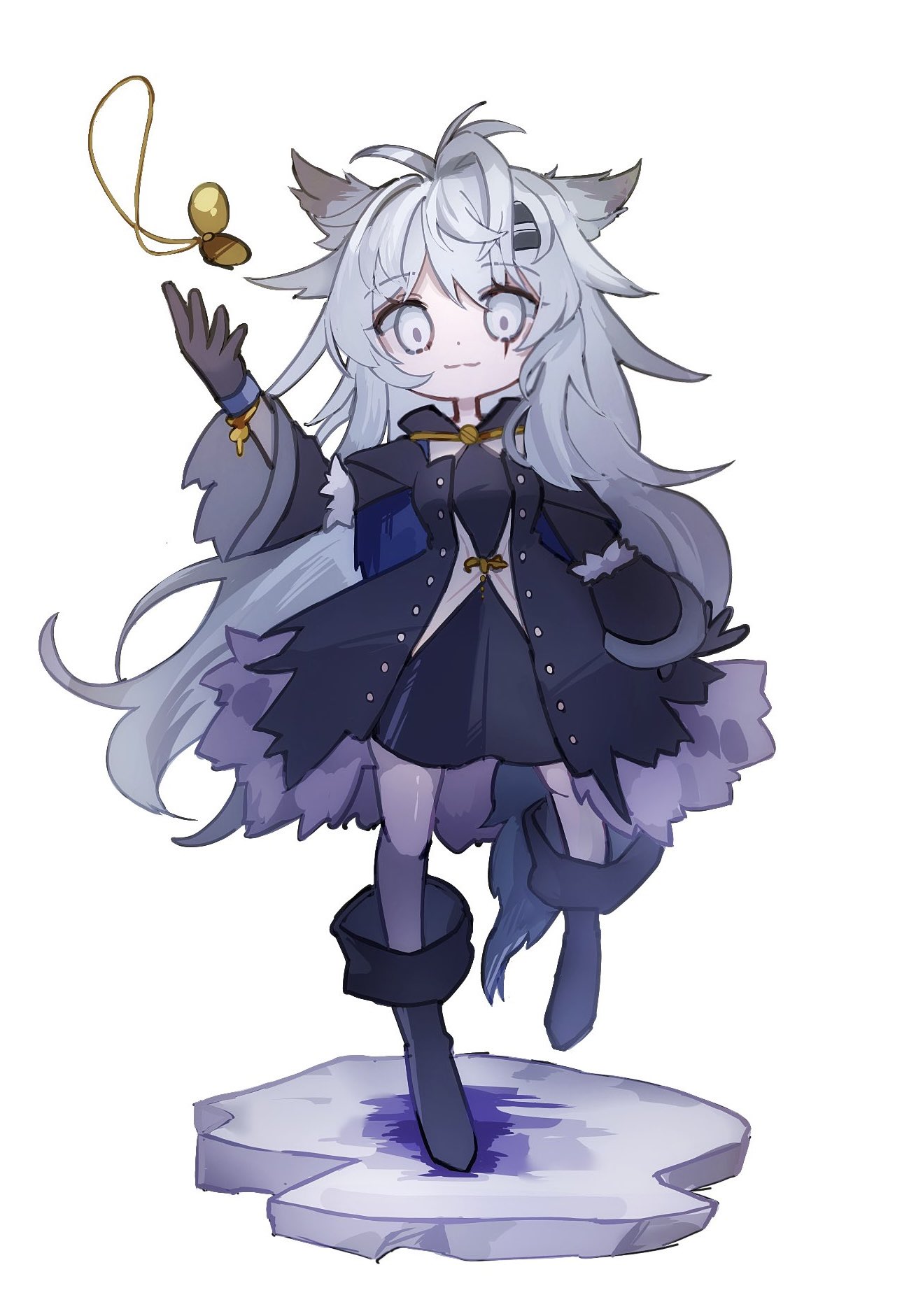 1girl aged_down animal_ears antenna_hair arknights black_coat black_dress black_footwear black_gloves boots chibi coat dress gloves grey_eyes grey_hair grey_pantyhose hand_up highres jewelry lappland_(arknights) lappland_(refined_horrormare)_(arknights) long_hair long_sleeves messy_hair mgmg_cc211 necklace official_alternate_costume open_clothes open_coat pantyhose scar scar_across_eye simple_background solo standing tail very_long_hair white_background wolf_ears wolf_girl wolf_tail