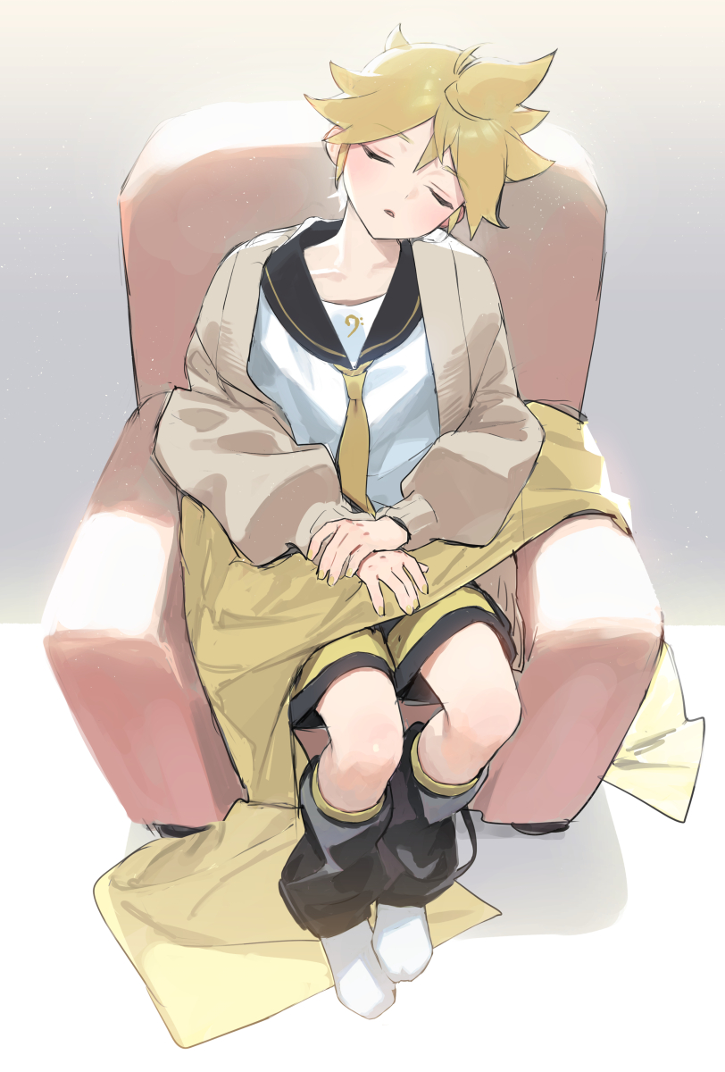 1boy backlighting bass_clef black_leg_warmers black_sailor_collar blanket blonde_hair bloom brown_cardigan cardigan closed_eyes collarbone commentary from_above full_body hands_on_lap highres kagamine_len leg_warmers male_focus musical_note musical_note_print naoko_(naonocoto) necktie own_hands_together parted_lips sailor_collar shirt shorts sleeping solo spiky_hair vocaloid white_shirt yellow_necktie