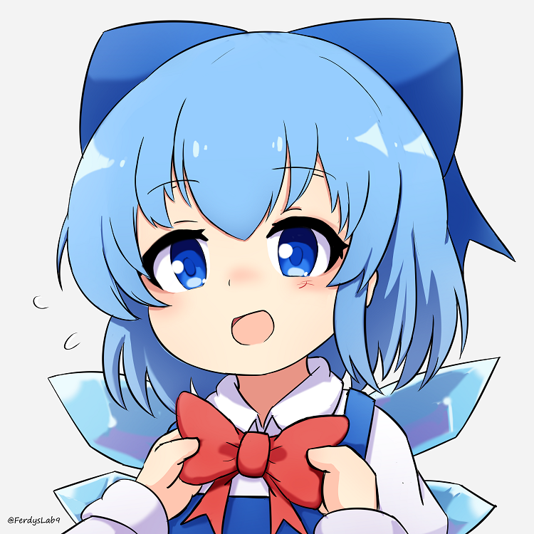 1girl 1other bangs blue_bow blue_eyes blue_hair bow bowtie cirno english_commentary ferdy's_lab flying_sweatdrops hair_bow ice ice_wings long_sleeves looking_at_viewer open_mouth red_bow red_bowtie short_hair simple_background solo_focus touhou twitter_username upper_body white_background wings