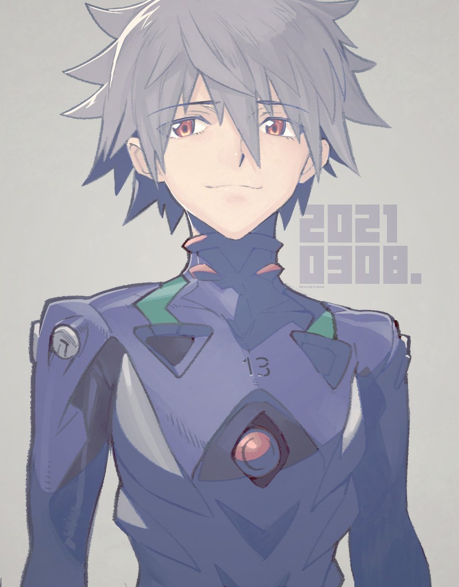 1boy arms_at_sides blue_bodysuit bodysuit dated fujimoto_hideaki grey_background grey_hair hair_between_eyes high_collar highres male_focus nagisa_kaworu neon_genesis_evangelion plugsuit portrait red_eyes short_hair smile solo spiky_hair upper_body