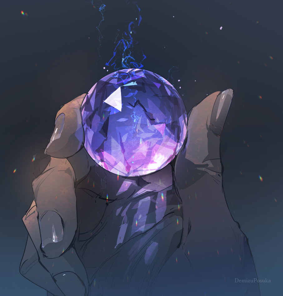 1other ambiguous_gender ball close-up demizu_posuka glass glowing grey_background hand_focus holding holding_ball light_particles original out_of_frame purple_theme solo