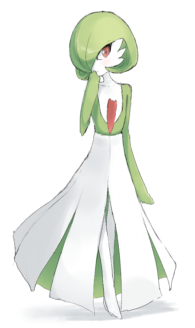 1girl arm_at_side bangs blush bob_cut closed_mouth collarbone colored_skin commentary flat_chest full_body gardevoir green_hair green_skin hair_over_one_eye hand_to_own_mouth hand_up light_blush looking_at_viewer multicolored_skin one_eye_covered pokemon pokemon_(creature) red_eyes ripu_(lipi) shiny shiny_hair short_hair simple_background sketch solo standing two-tone_skin white_background white_skin