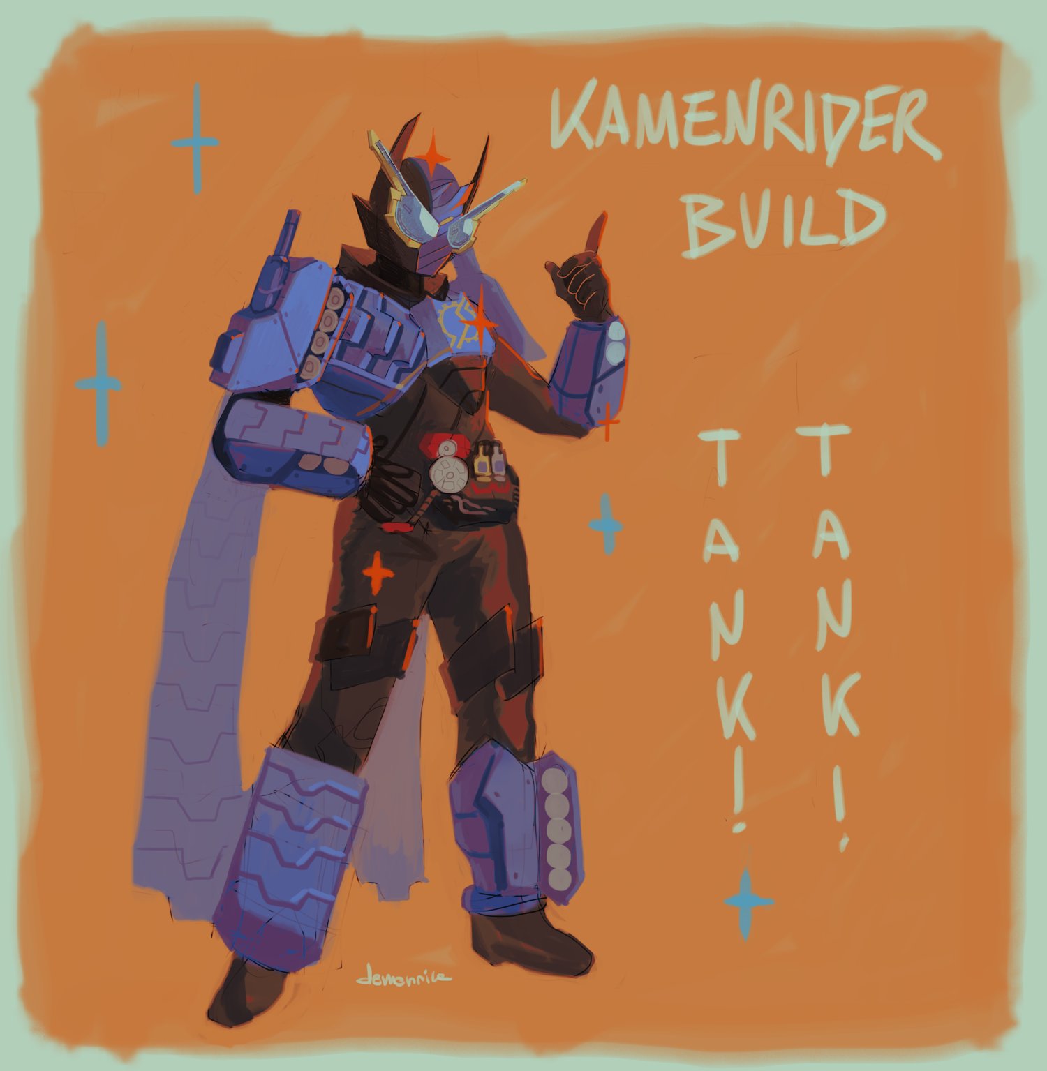 1boy armor black_bodysuit blue_armor blue_eyes bodysuit clenched_hands compound_eyes demonnnrice flat_color ground_vehicle hand_on_hip hazard_trigger highres index_finger_raised kamen_rider kamen_rider_build kamen_rider_build_(series) male_focus military military_vehicle motor_vehicle orange_background pose ribbed_bodysuit shoulder_armor signature sketch spring_(object) tank tank+tank_form turret