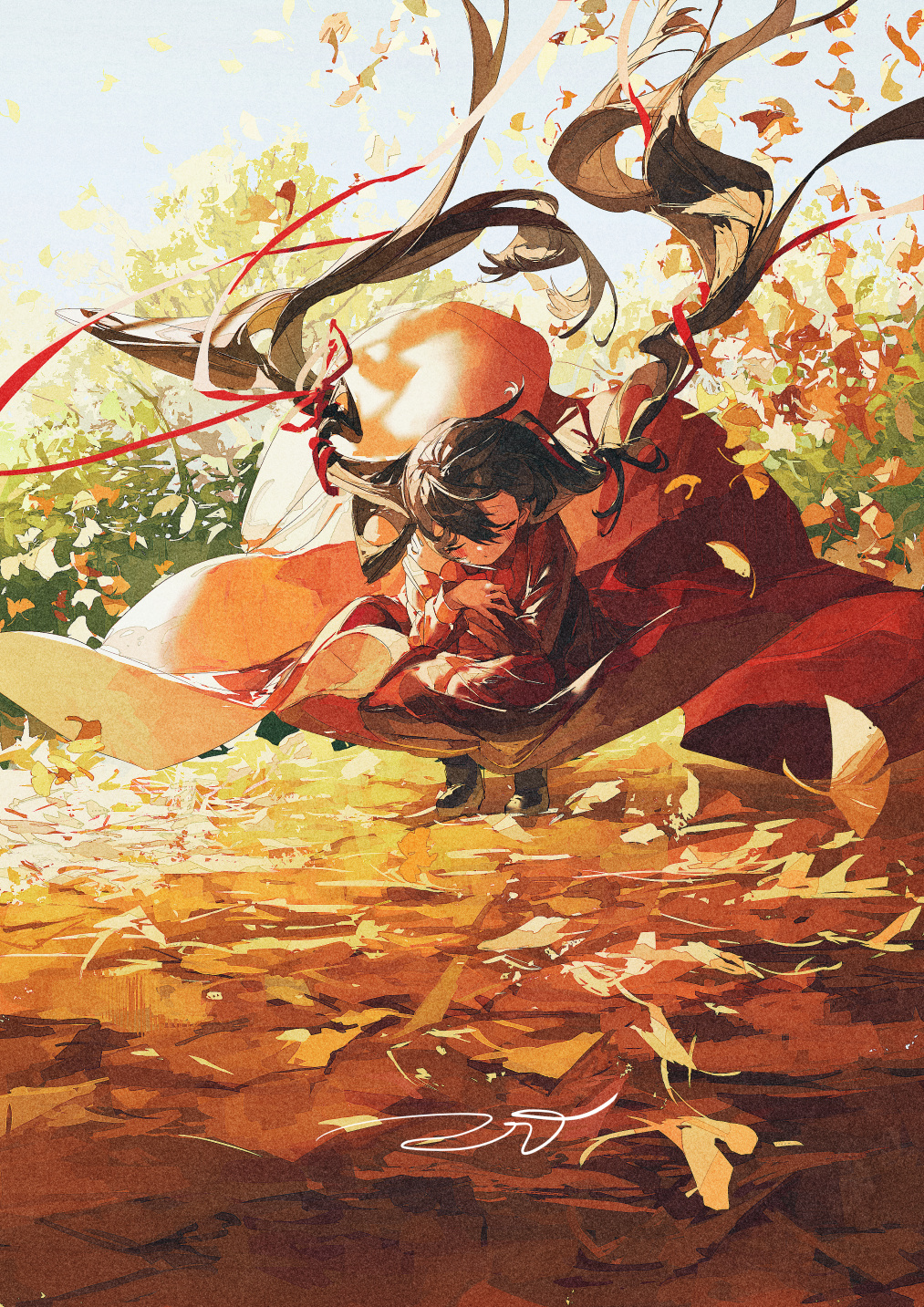 1girl bangs brown_hair closed_eyes closed_mouth crossed_arms day dress ginkgo hair_ribbon highres leaf long_hair long_sleeves low_twintails original outdoors potg_(piotegu) red_dress red_ribbon ribbon solo squatting twintails very_long_hair