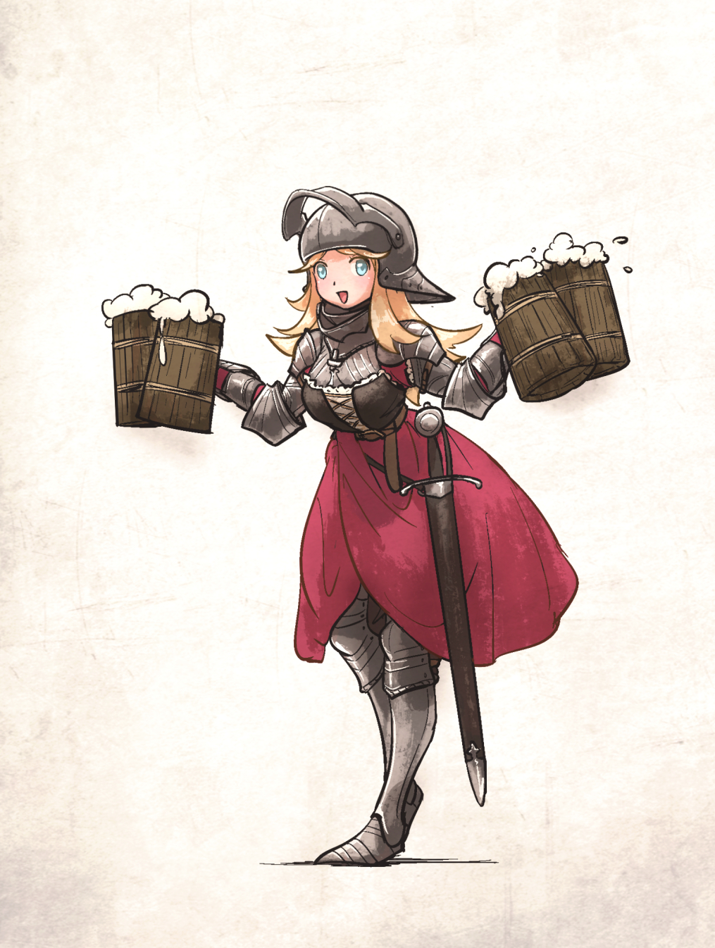 1girl alcohol armor armored_boots beer beer_mug blonde_hair blue_eyes boots carrying cup dirndl dress english_commentary full_armor full_body gauntlets german_clothes helmet highres knight long_dress long_hair medieval mug original plate_armor red_dress sheath sheathed shoulder_armor solo sword vanishlily visor_lift waitress weapon