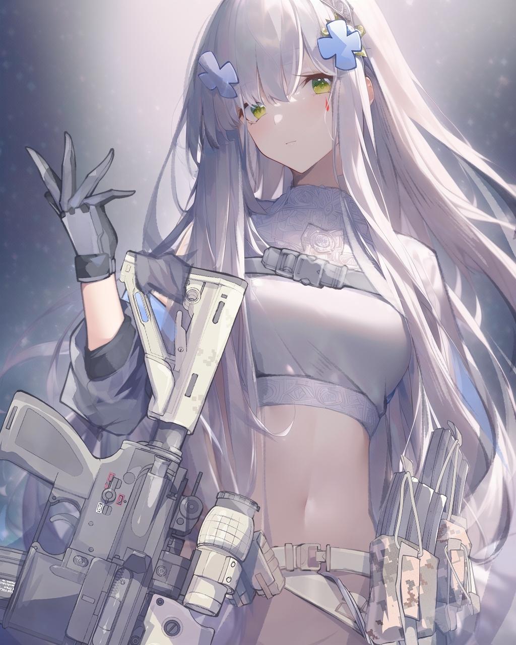 black_gloves bottomless breasts girls_frontline gloves green_eyes groin gun highres hk416_(girls'_frontline) liu_zhao long_hair looking_at_viewer medium_breasts navel no_panties out-of-frame_censoring stomach weapon white_hair