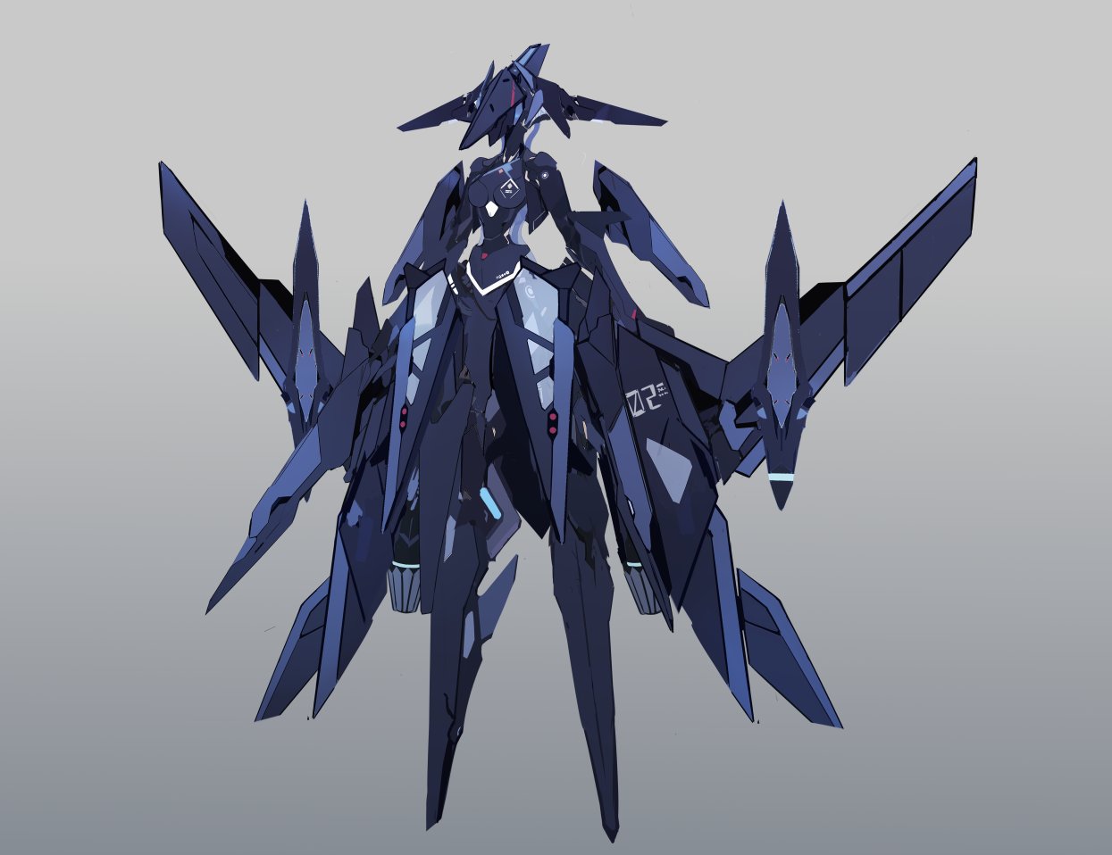 1girl armor arms_at_sides commentary_request full_body grey_background helmet jhcrow3 mecha_musume original solo thrusters wings