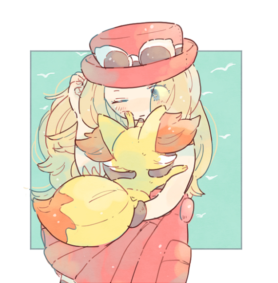 1girl ;| blonde_hair blue_eyes closed_mouth eyes_visible_through_hair eyewear_on_head fennekin hand_up hat high-waist_skirt holding holding_poke_ball katiko long_hair no_nose one_eye_closed poke_ball pokemon pokemon_(creature) pokemon_(game) pokemon_xy red_headwear red_skirt serena_(pokemon) skirt sunglasses white-framed_eyewear