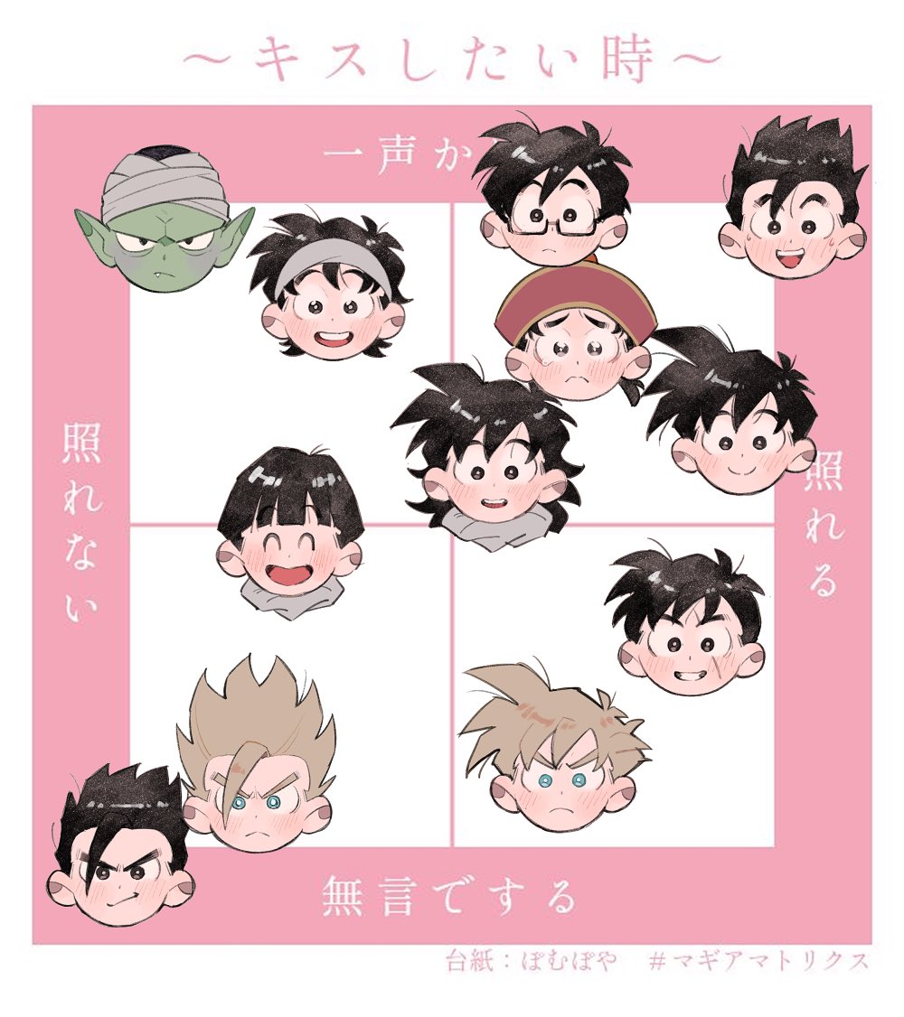 black_eyes black_hair blonde_hair bowl_cut chart colored_skin dragon_ball dragon_ball_super dragon_ball_z fang frown glasses green_eyes green_skin hat multiple_persona piccolo pointy_ears s_3u scar scar_across_eye smile son_gohan son_gohan_(future) super_saiyan super_saiyan_1 super_saiyan_2 tears translation_request