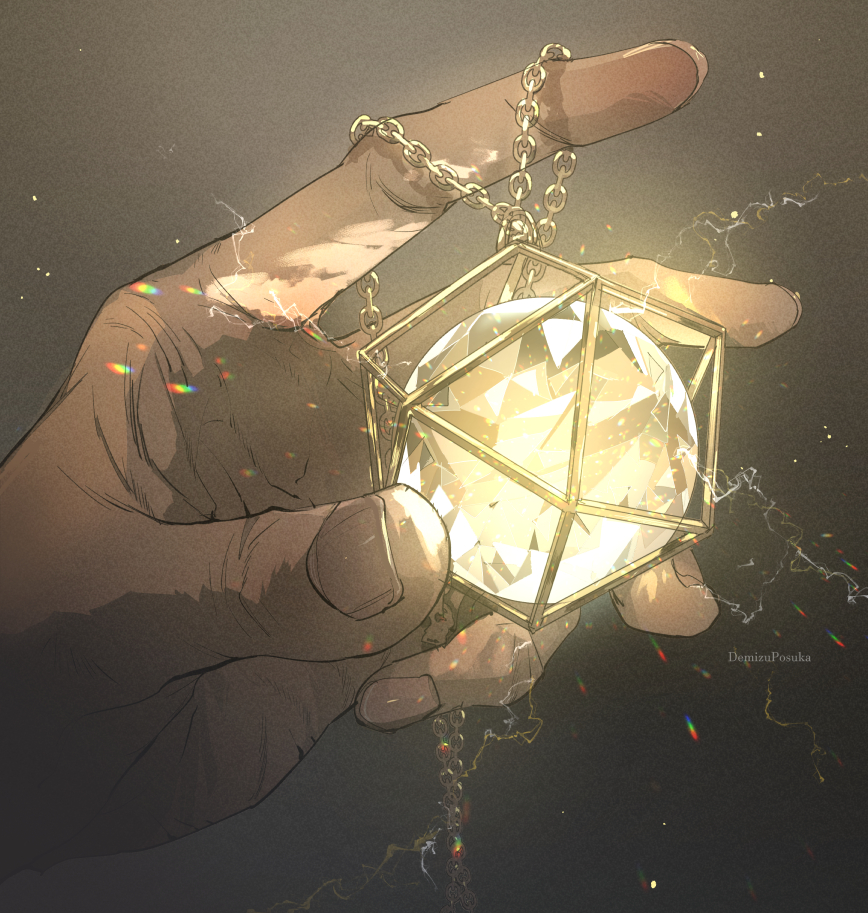 1other ambiguous_gender ball chain close-up demizu_posuka glass glowing gold grey_background hand_focus holding holding_ball light_particles original out_of_frame solo yellow_theme